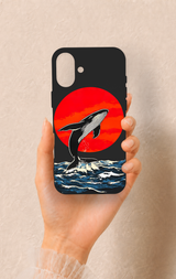 iPhone 16 Plus Uyumlu Kırmızı Güneş Balina Desenli Silikon Kılıf
