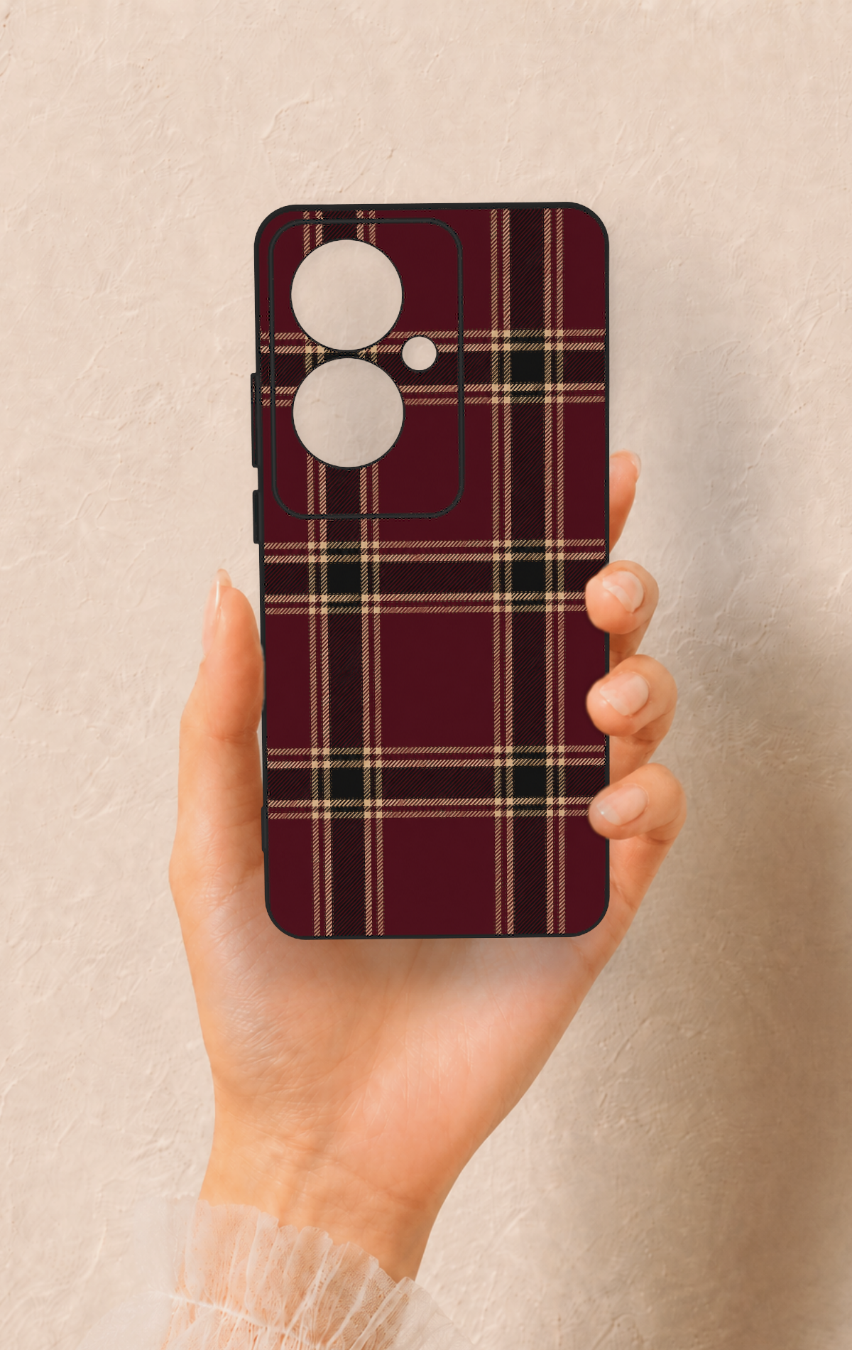 Oppo Reno 11F Uyumlu Bordo Siyah Ekose Desenli Silikon Kılıf