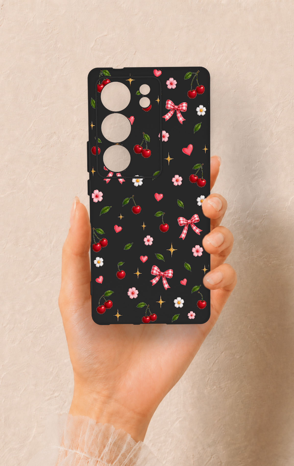 Vivo V29 Uyumlu Papatya Kiraz Fiyonk Desenli Silikon Kılıf