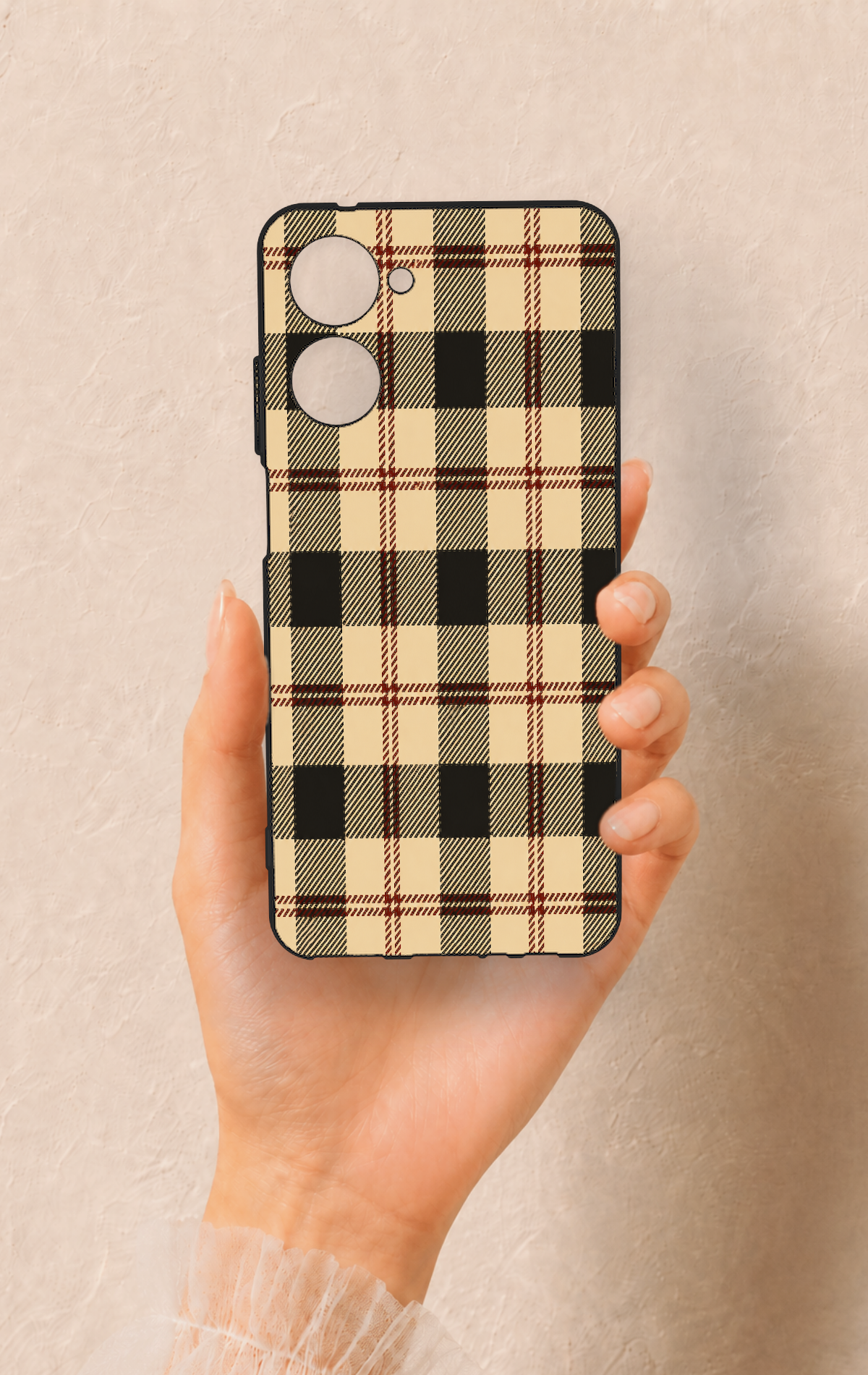 Realme 10 Uyumlu Krem Ekose Desenli Silikon Kılıf