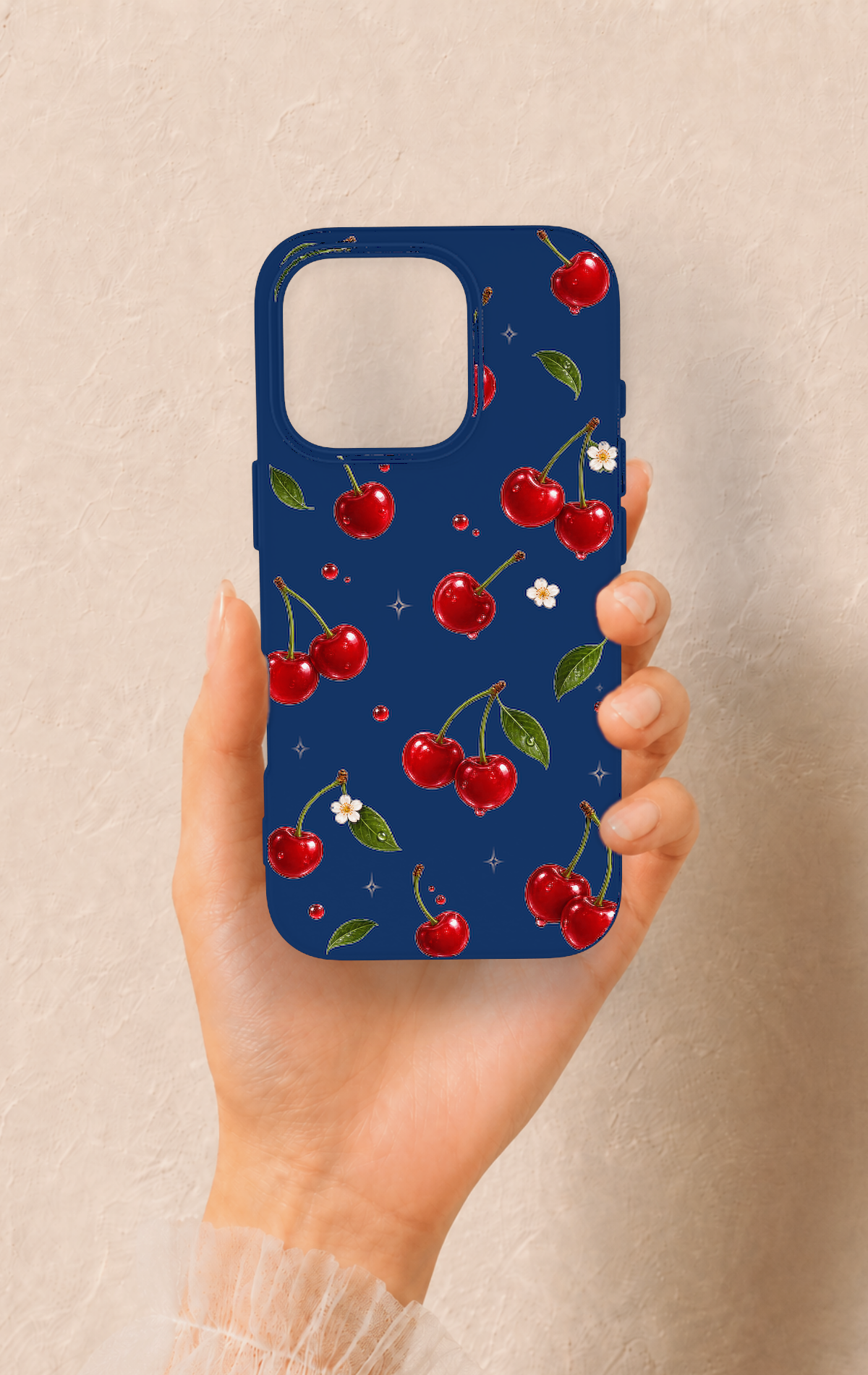 iPhone 16 Pro Uyumlu Kiraz Papatya Desenli Silikon Kılıf