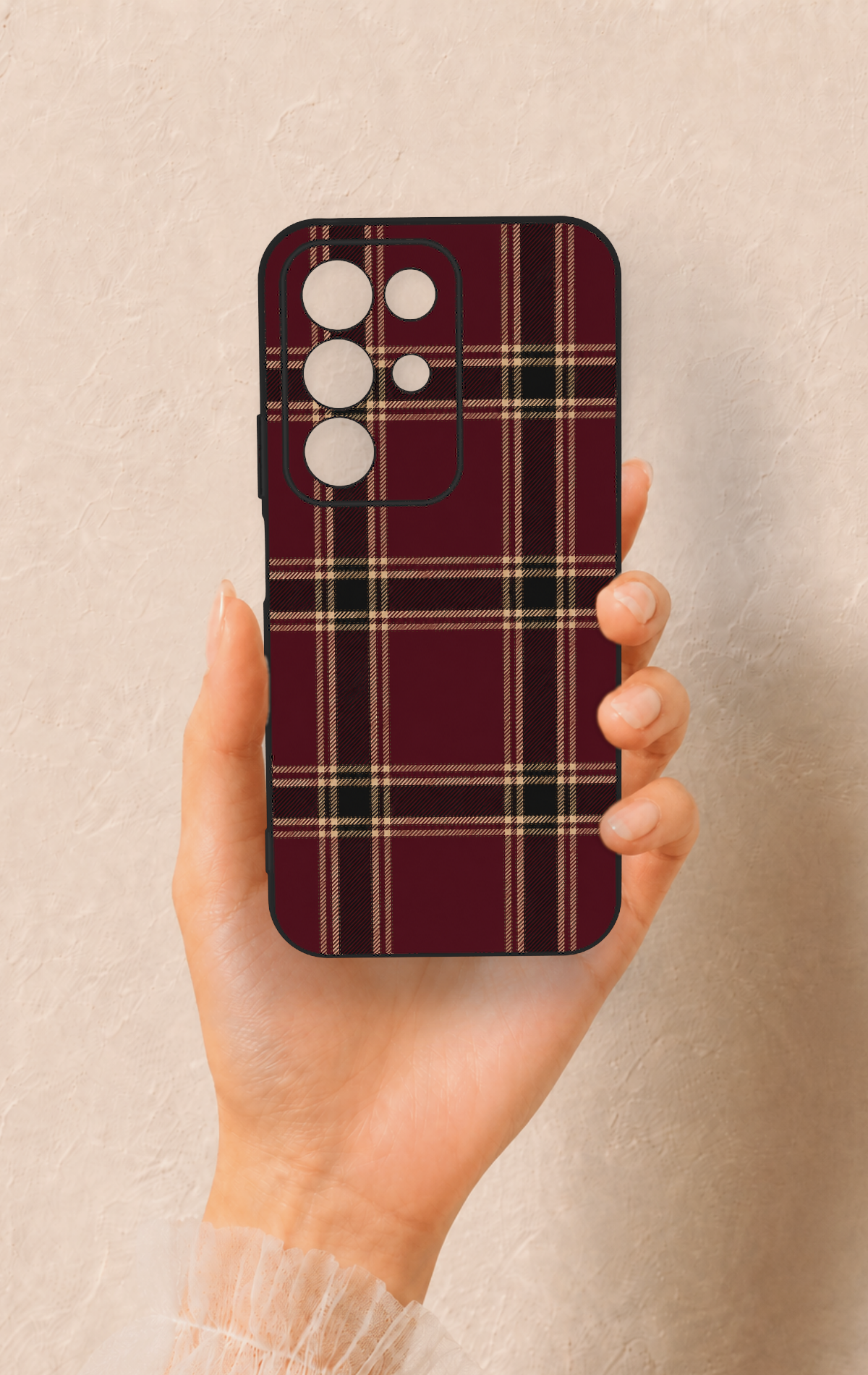 Realme C85 5G Uyumlu Bordo Siyah Ekose Desenli Silikon Kılıf