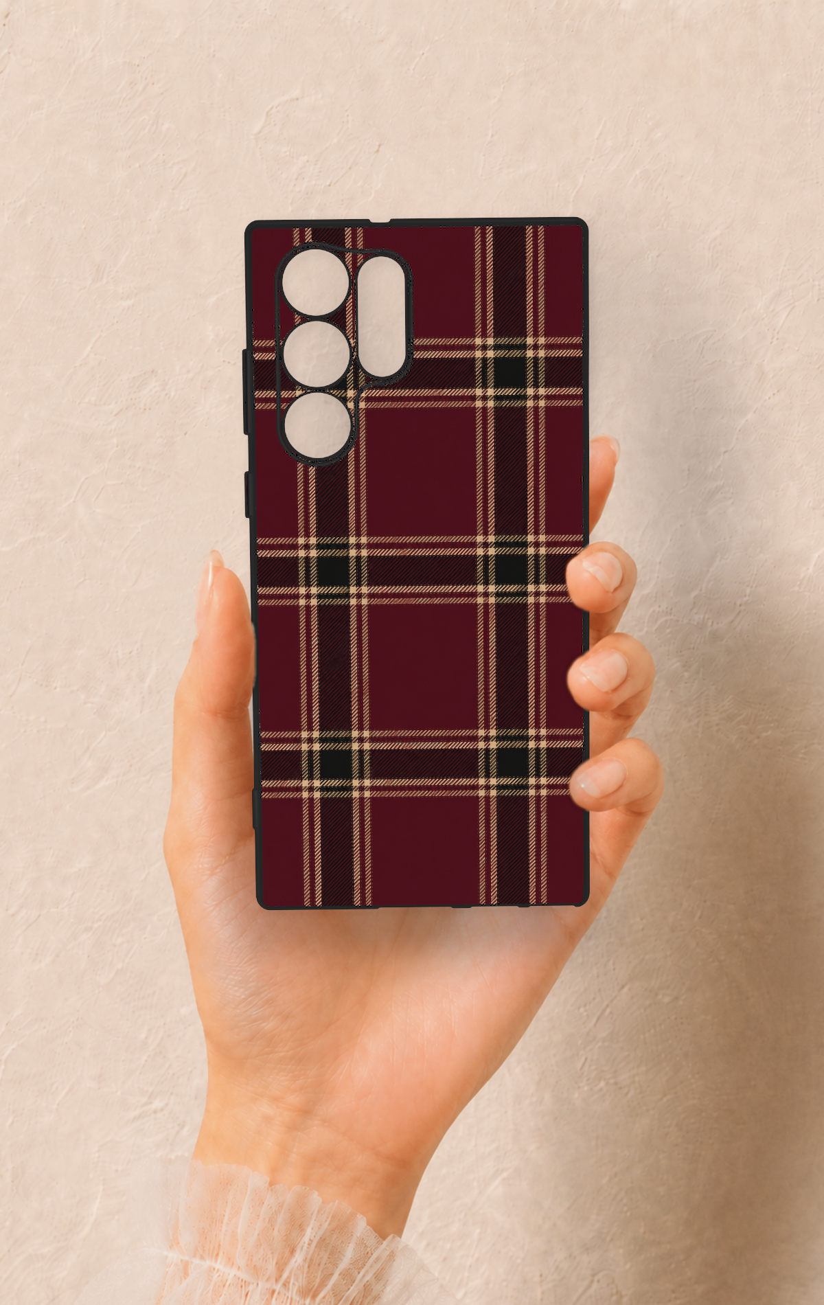 Samsung S22 Ultra Uyumlu Bordo Siyah Ekose Desenli Silikon Kılıf