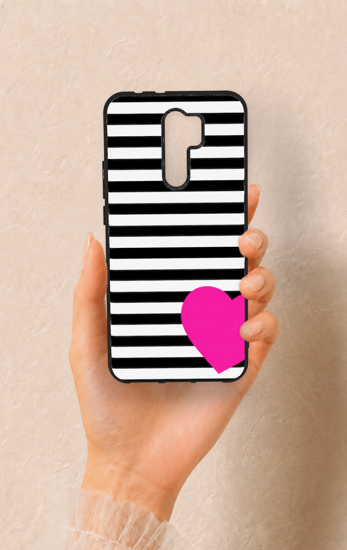 Redmi 9 Uyumlu Çizgili Kalp Desenli Silikon Kılıf