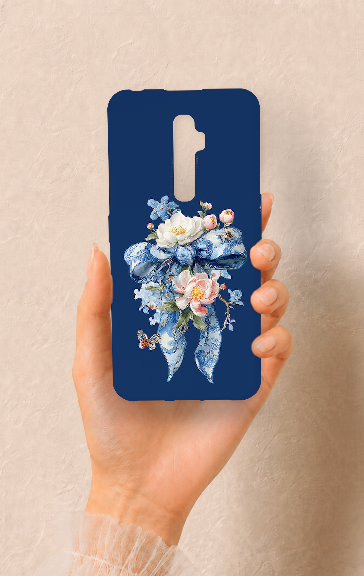 Oppo Reno 2Z Uyumlu Mavi Kurdeleli Çiçek Desenli Silikon Kılıf