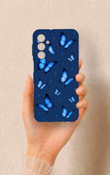 Samsung M34 Uyumlu Parlak Mavi Kelebek Desenli Silikon Kılıf