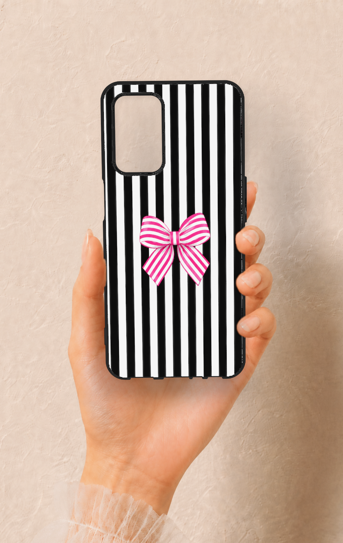 Oppo A55 Uyumlu Pembe Beyaz Kurdele Desenli Silikon Kılıf
