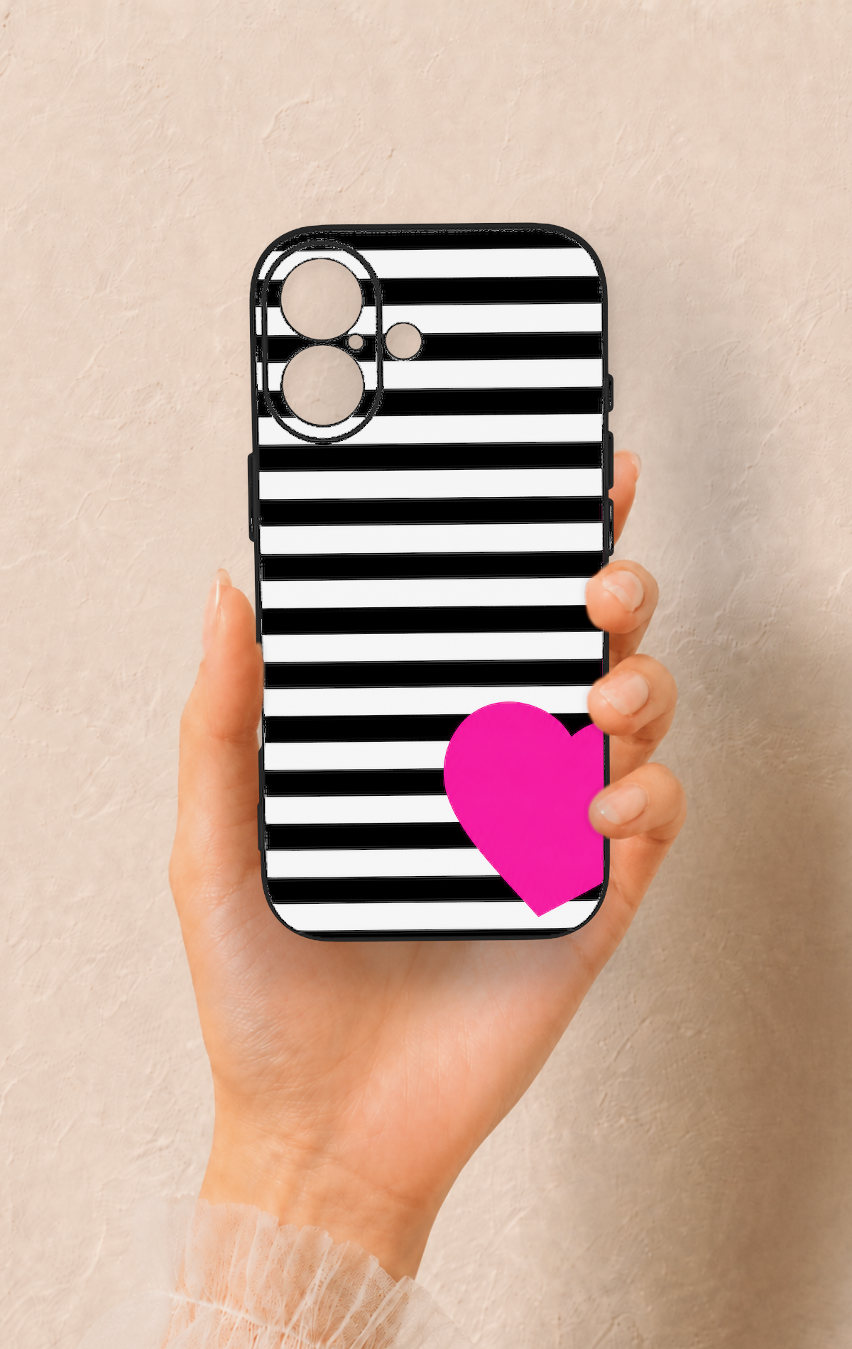 iPhone 17 Uyumlu Çizgili Kalp Desenli Silikon Kılıf