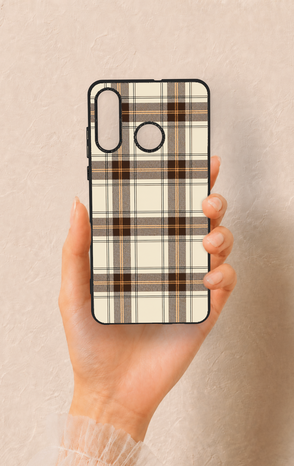 Huawei P30 Lite Uyumlu Bej Kahverengi Ekose Desenli Silikon Kılıf