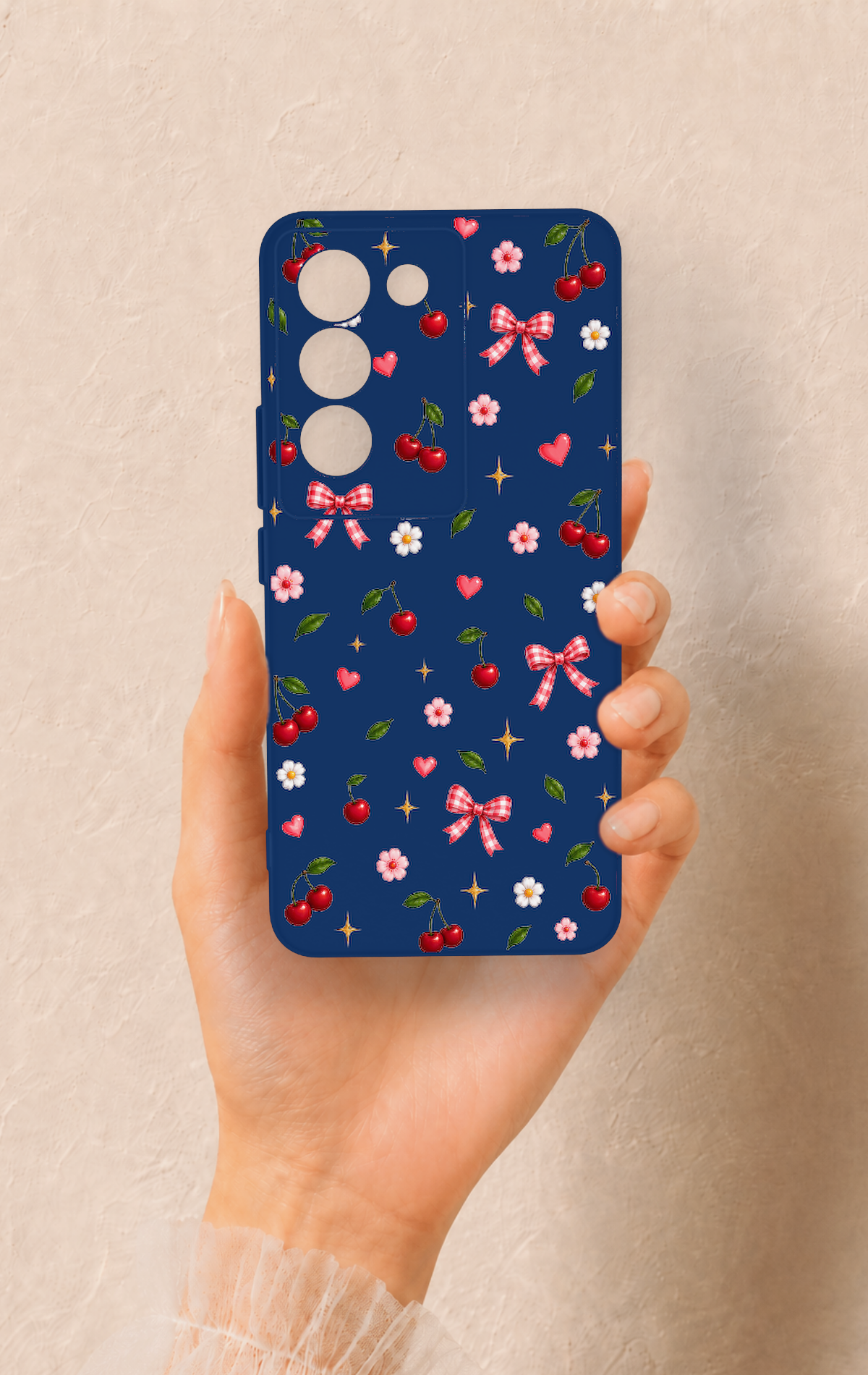 Vivo V30 Lite Uyumlu Çiçek Kiraz Fiyonk Desenli Silikon Kılıf