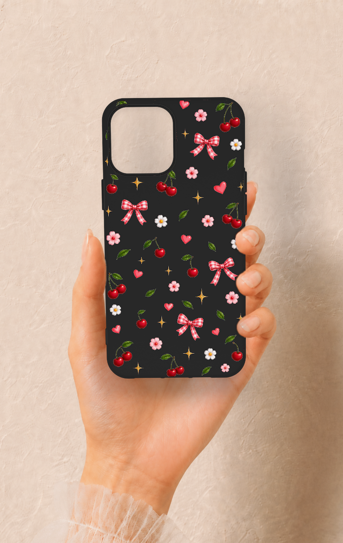 iPhone 12 Pro Max Uyumlu Papatya Kiraz Fiyonk Desenli Silikon Kılıf
