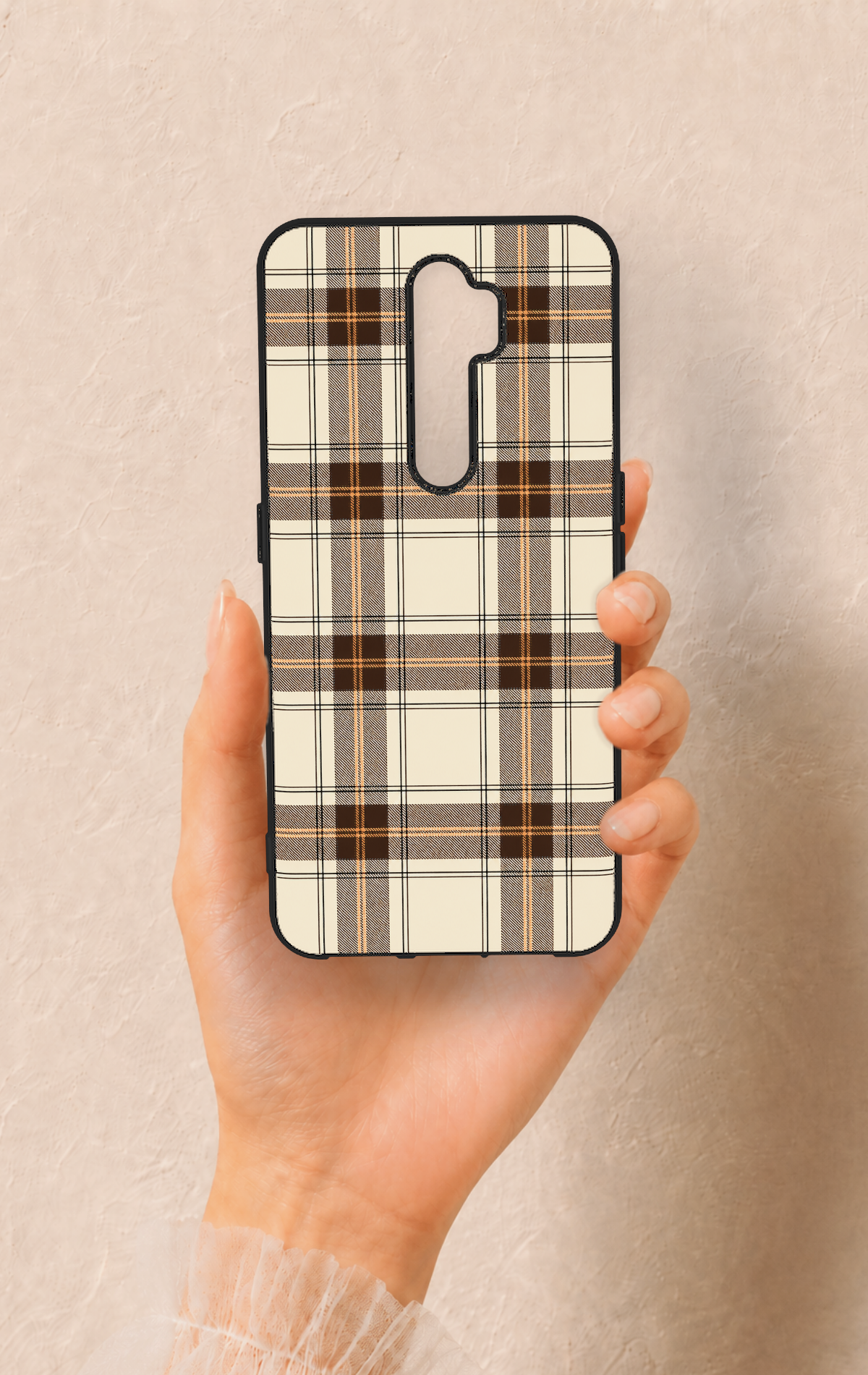 Oppo A5 2020 Uyumlu Bej Kahverengi Ekose Desenli Silikon Kılıf