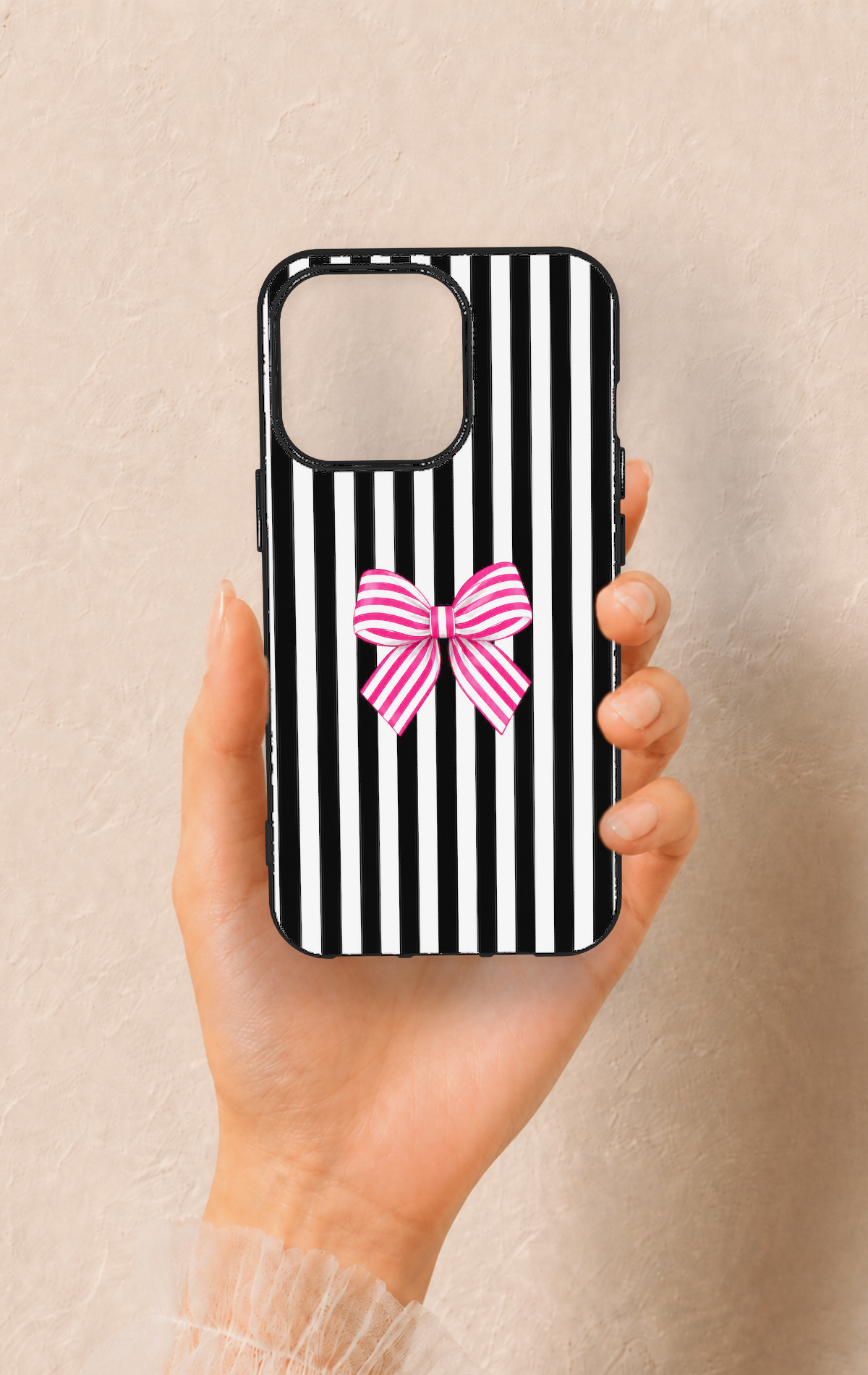 iPhone 13 Pro Uyumlu Pembe Beyaz Kurdele Desenli Silikon Kılıf