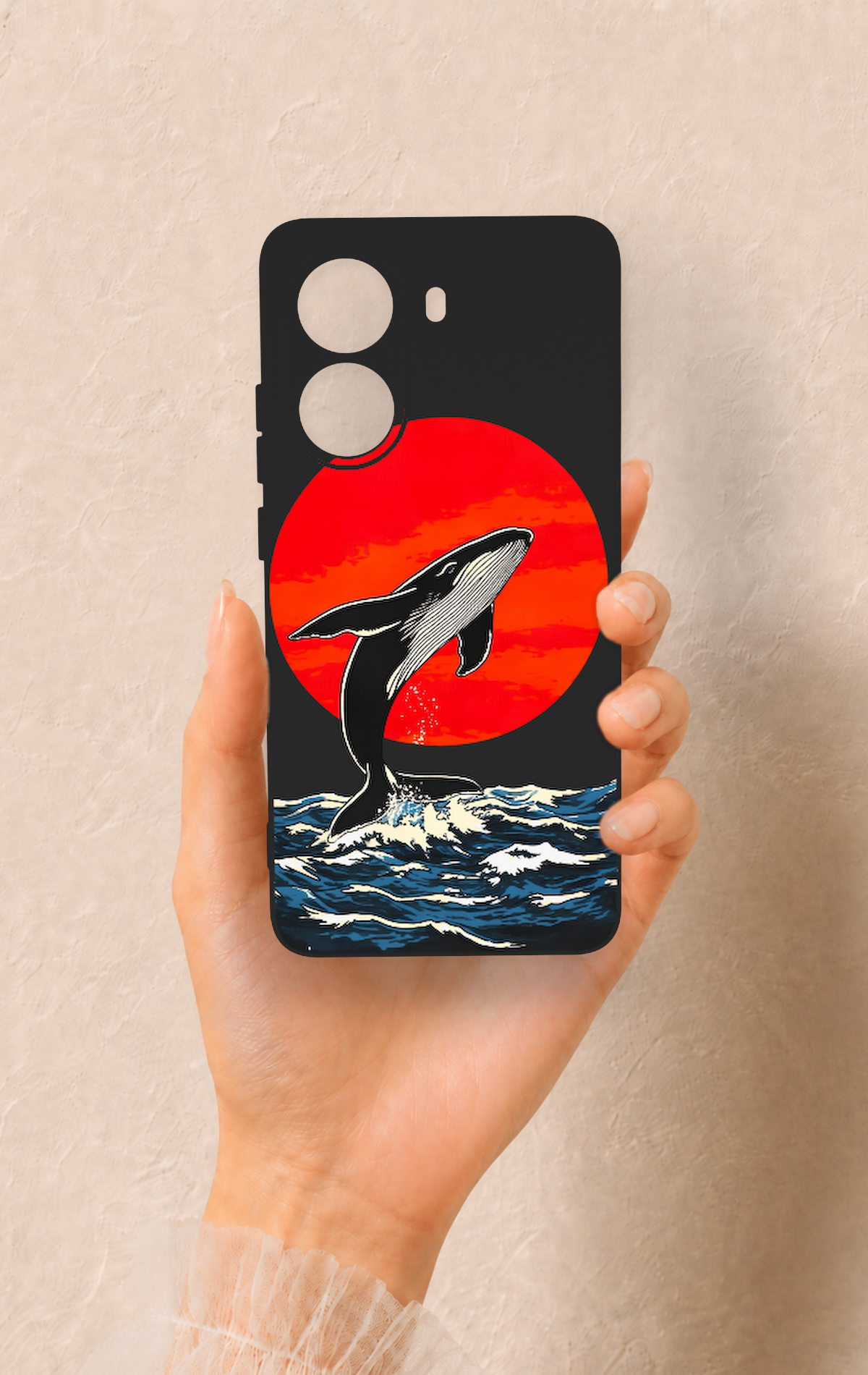 Poco X7 Pro Uyumlu Kırmızı Güneş Balina Desenli Silikon Kılıf