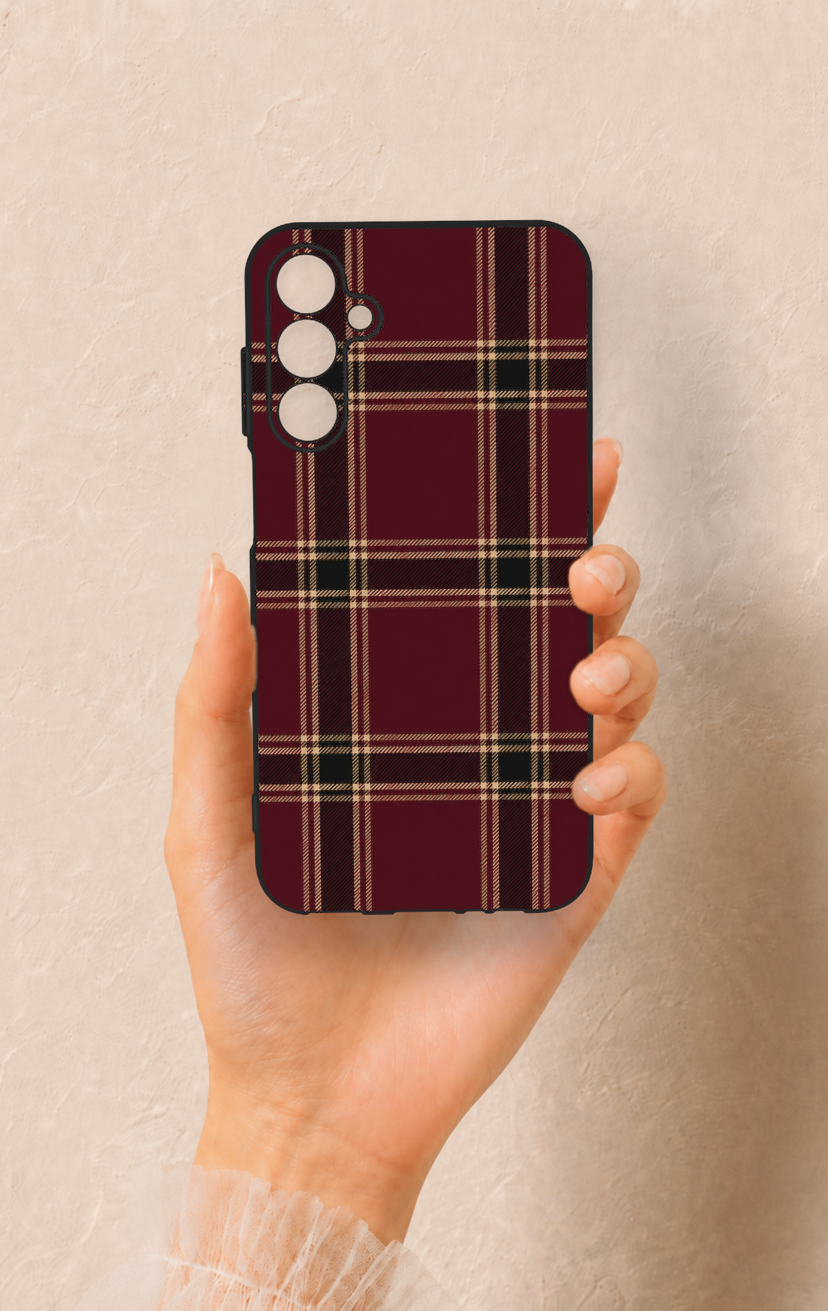 Samsung A15 Uyumlu Bordo Siyah Ekose Desenli Silikon Kılıf