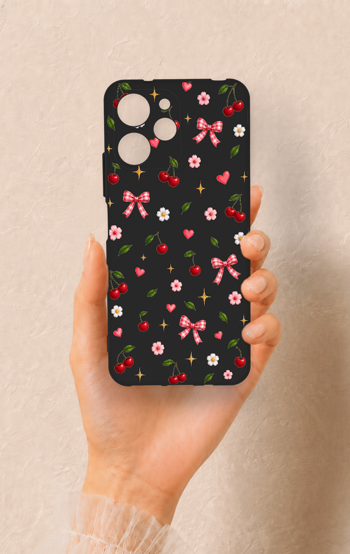 Redmi 12 Uyumlu Papatya Kiraz Fiyonk Desenli Silikon Kılıf