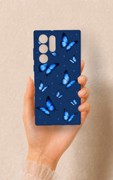 Samsung S22 Ultra Uyumlu Parlak Mavi Kelebek Desenli Silikon Kılıf