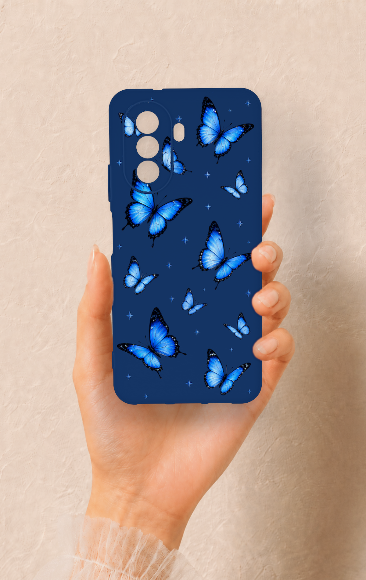 Huawei Nova Y70 Uyumlu Parlak Mavi Kelebek Desenli Silikon Kılıf