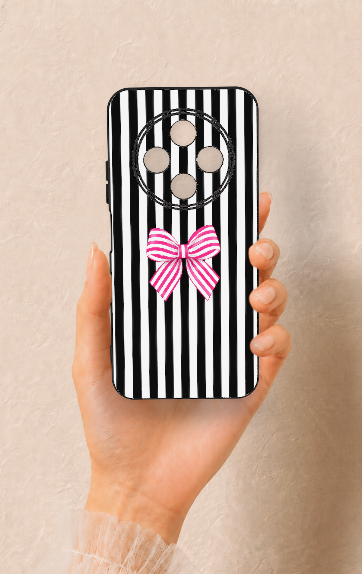 Tecno Spark 30C Uyumlu Pembe Beyaz Kurdele Desenli Silikon Kılıf
