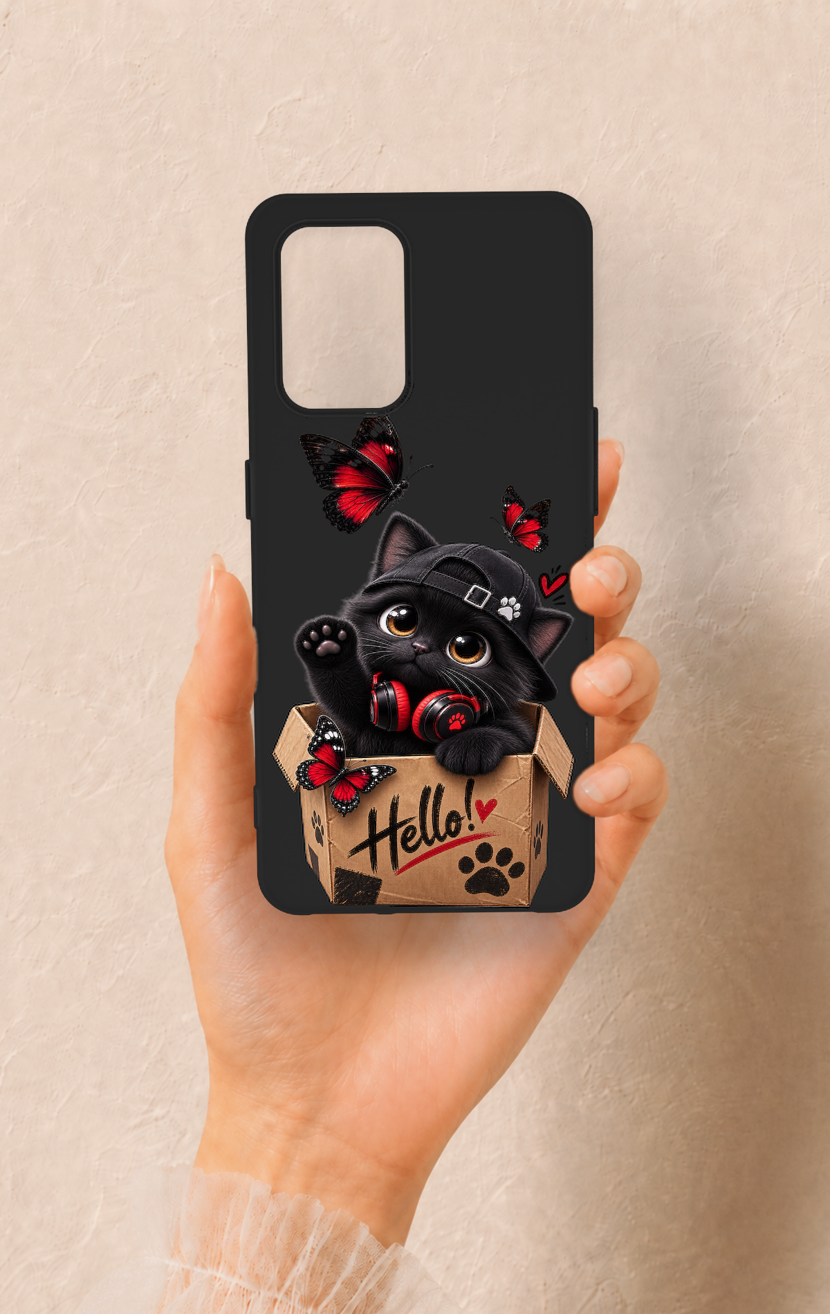 Oppo-A74 Uyumlu Hello Cat Desenli Silikon Kılıf