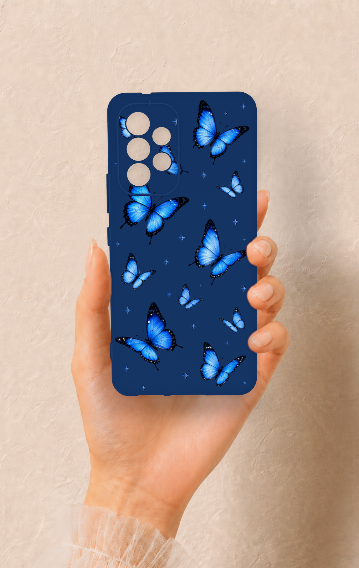 Samsung A53 Uyumlu Parlak Mavi Kelebek Desenli Silikon Kılıf