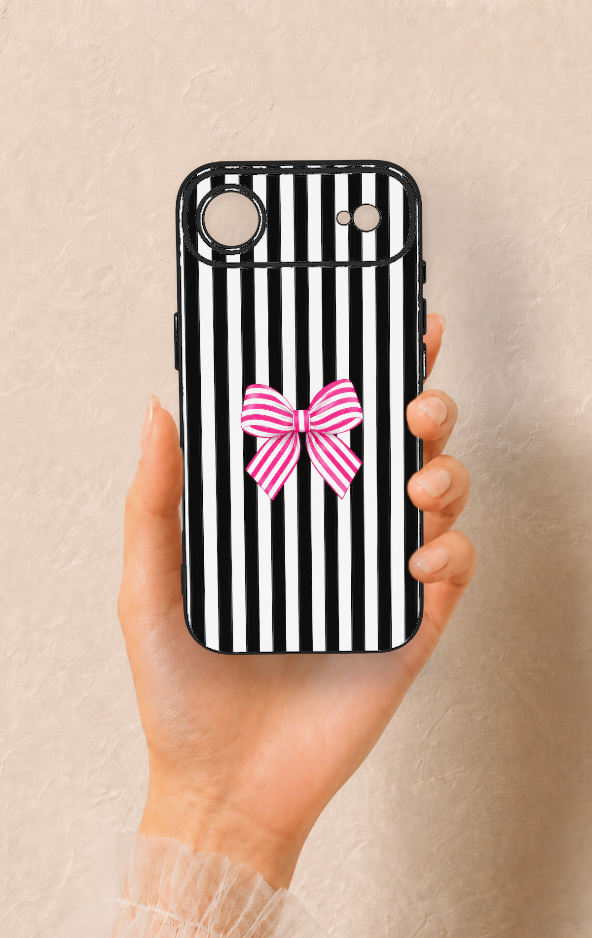 iPhone 17 Air Uyumlu Pembe Beyaz Kurdele Desenli Silikon Kılıf
