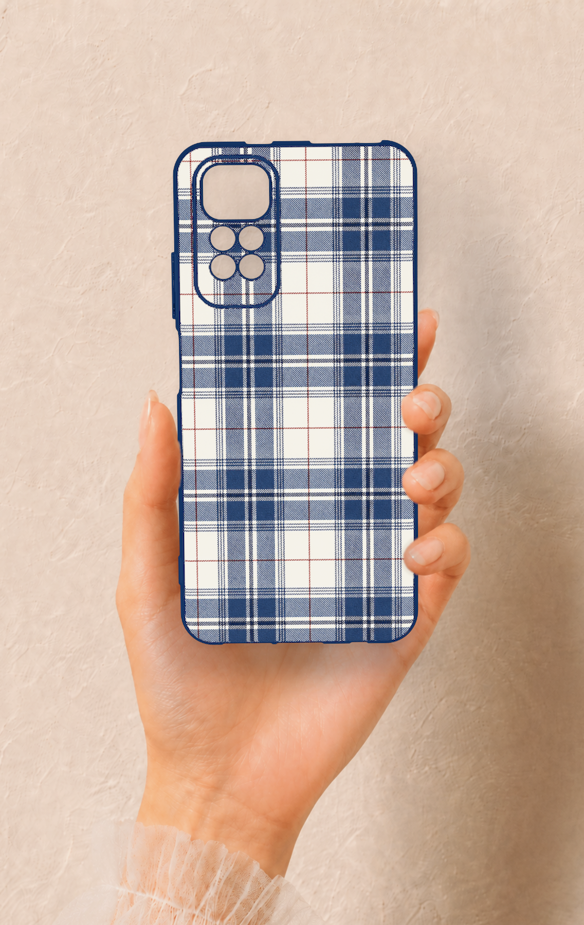 Redmi Note 11S Uyumlu Bej Lacivert Ekose Desenli Silikon Kılıf