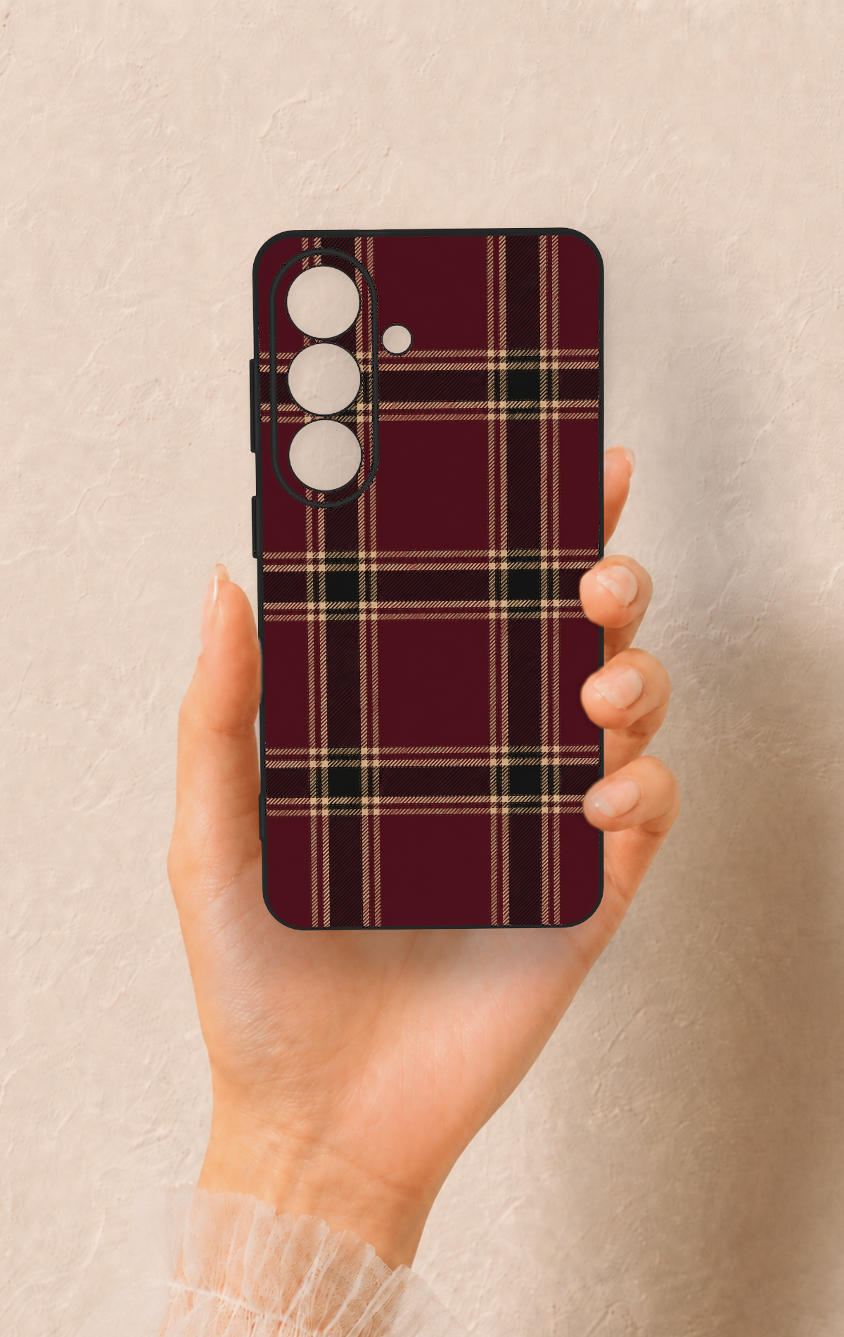Samsung S26 Uyumlu Bordo Siyah Ekose Desenli Silikon Kılıf
