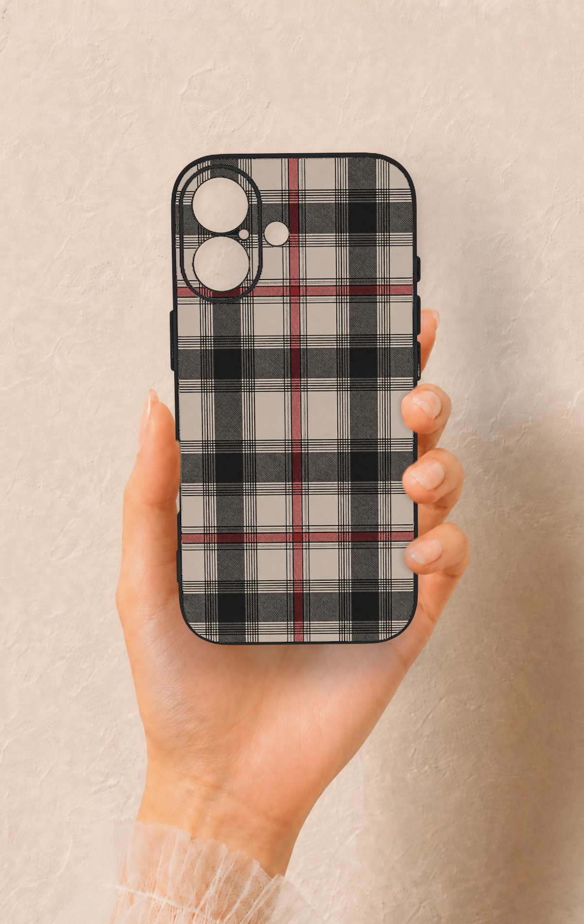 iPhone 17 Uyumlu Siyah Kırmızı Ekose Desenli Silikon Kılıf