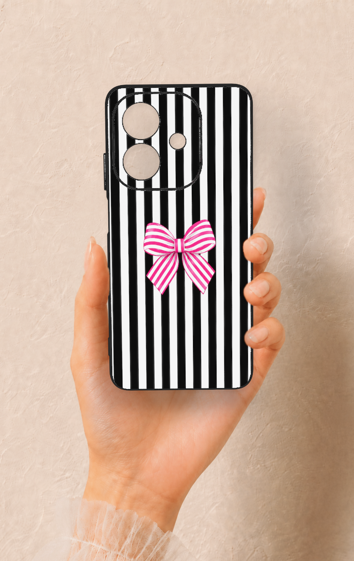 Oppo A3 Uyumlu Pembe Beyaz Kurdele Desenli Silikon Kılıf