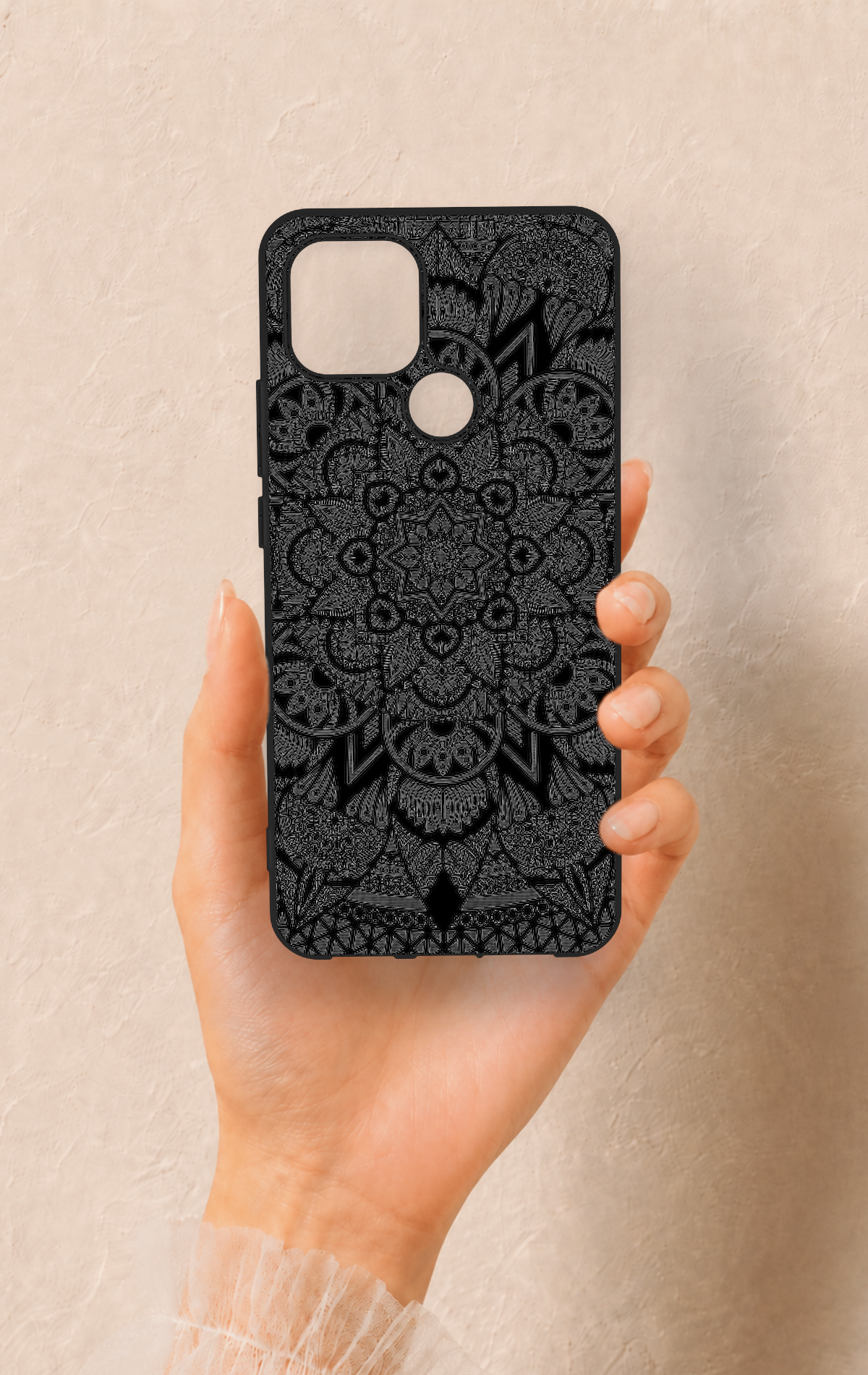 Oppo A15 Uyumlu Siyah Beyaz Mandala Desenli Silikon Kılıf