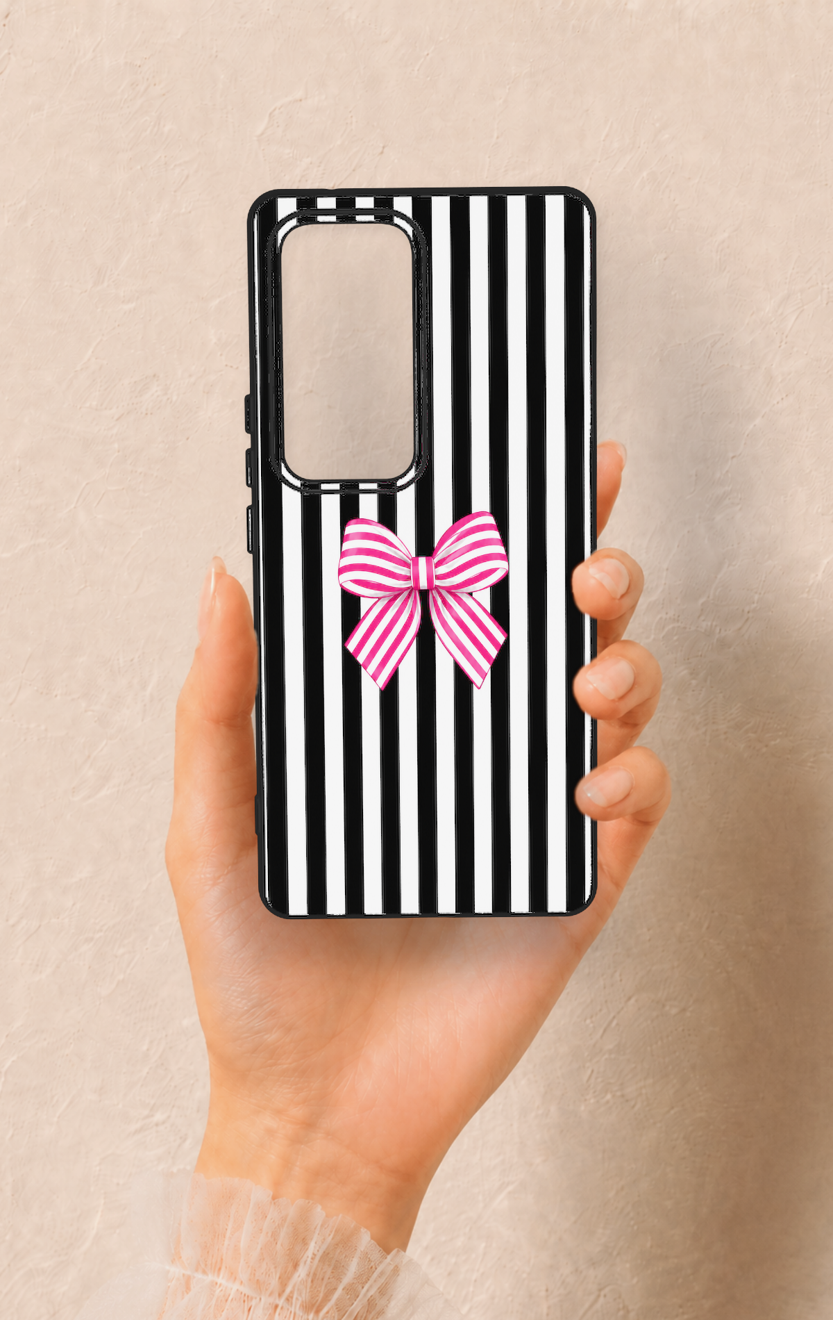 Vivo V30 Uyumlu Pembe Beyaz Kurdele Desenli Silikon Kılıf