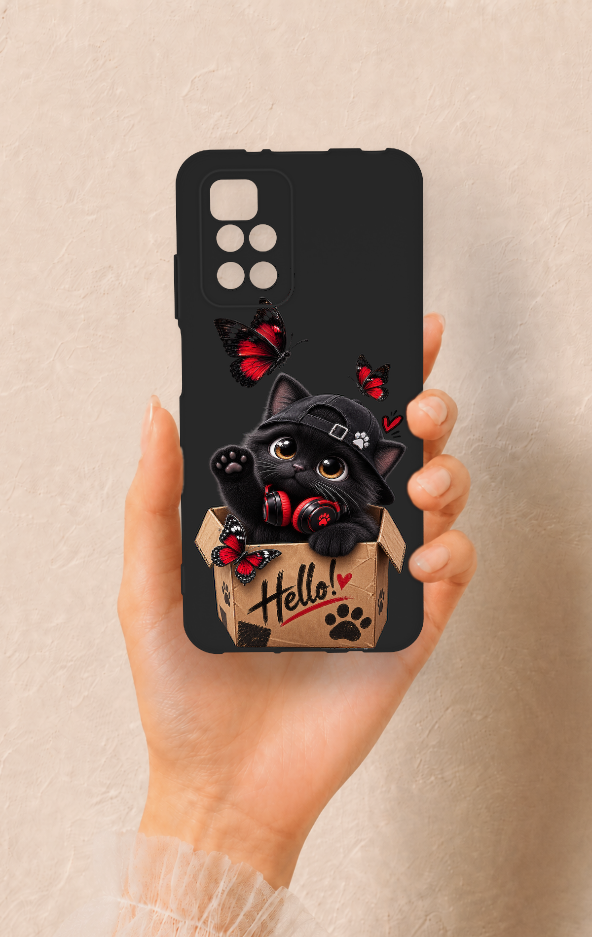 Redmi 10 2022 Uyumlu Hello Cat Desenli Silikon Kılıf