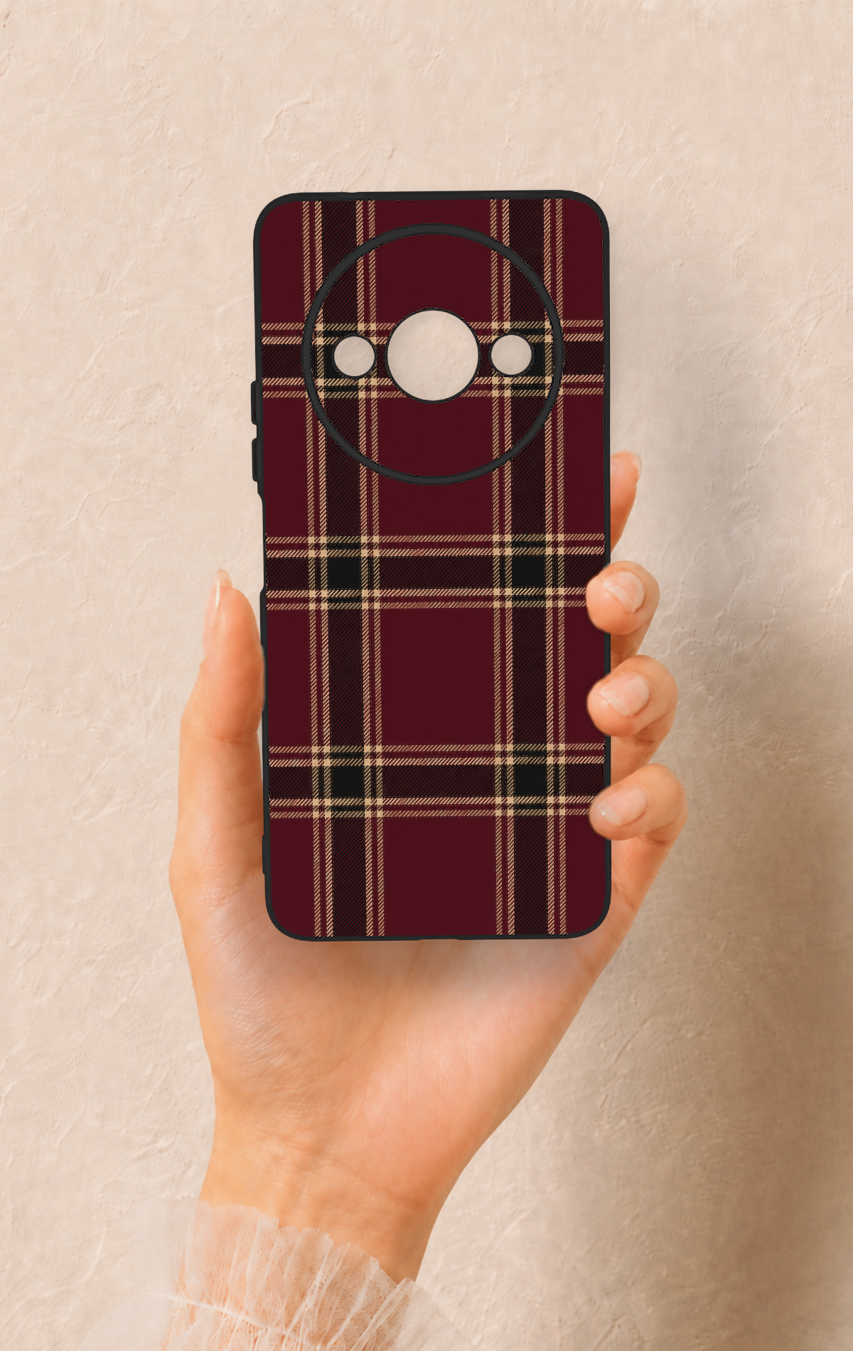 Redmi A3 Uyumlu Bordo Siyah Ekose Desenli Silikon Kılıf