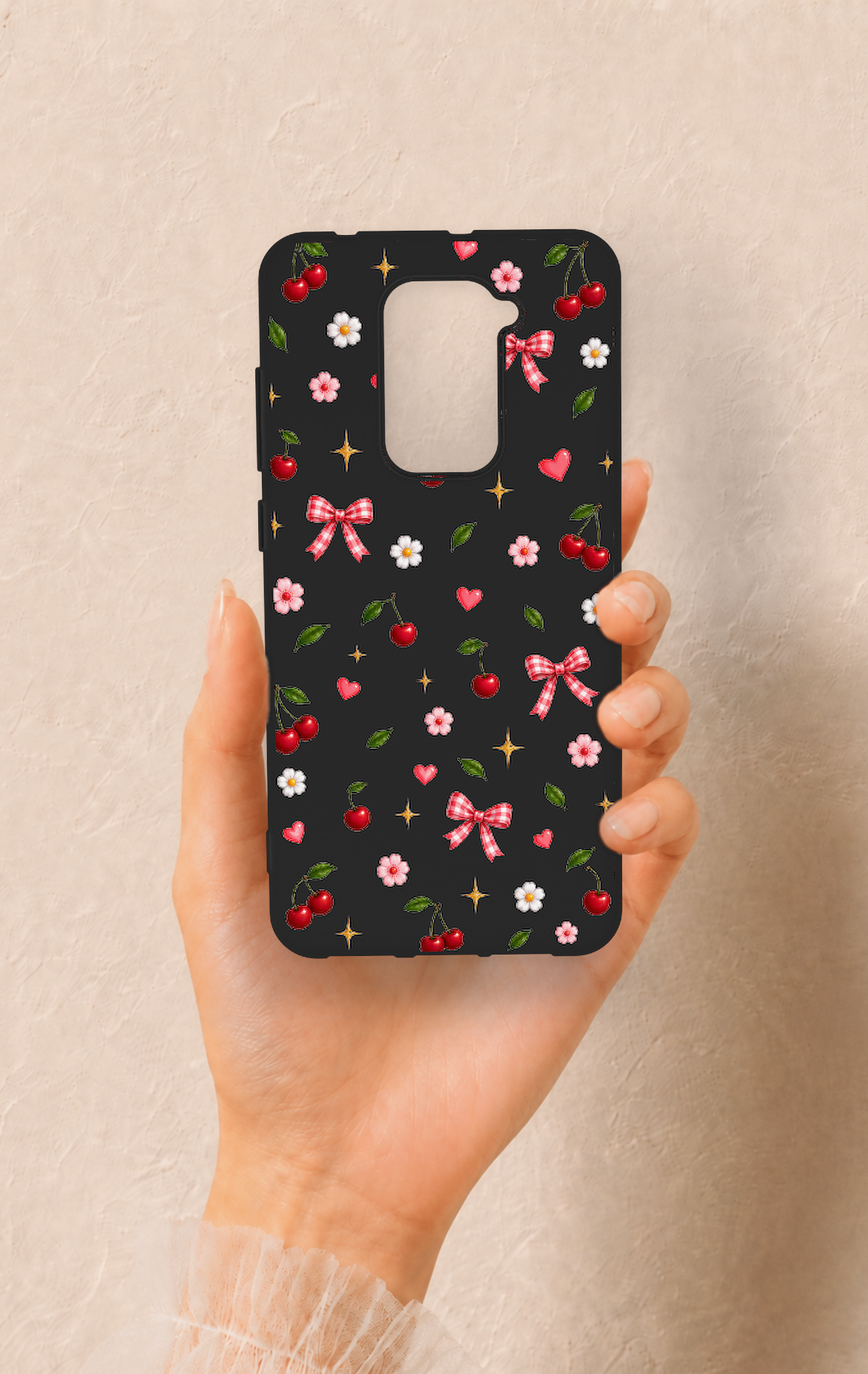 Redmi Note 9 Uyumlu Papatya Kiraz Fiyonk Desenli Silikon Kılıf