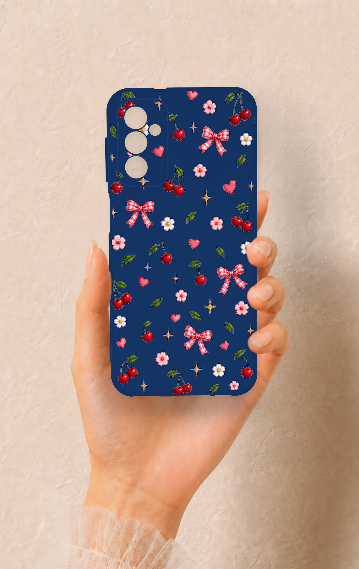 Samsung M13 Uyumlu Çiçek Kiraz Fiyonk Desenli Silikon Kılıf