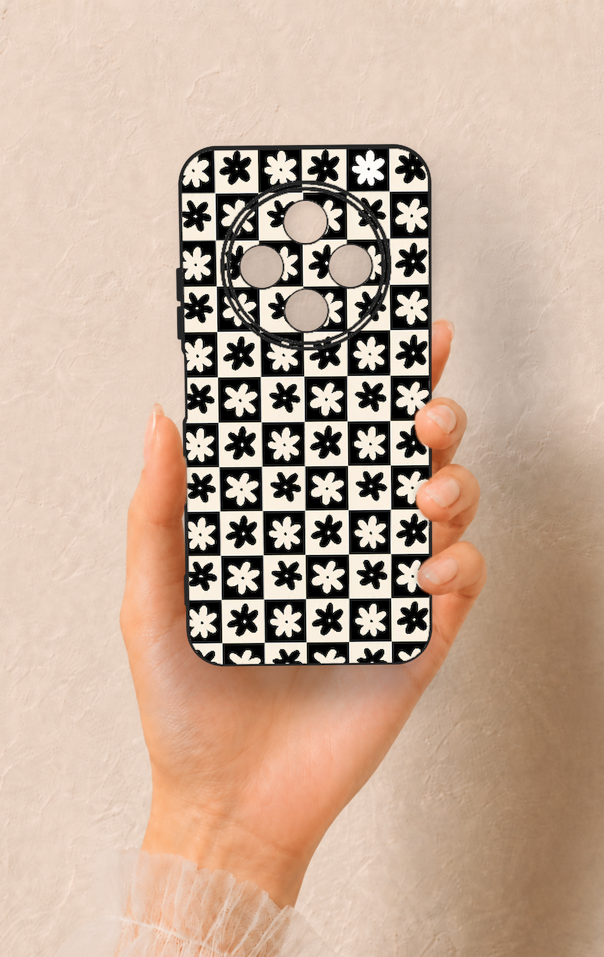 Tecno Spark 30C Uyumlu Çiçek Motifli Dama Desenli Silikon Kılıf