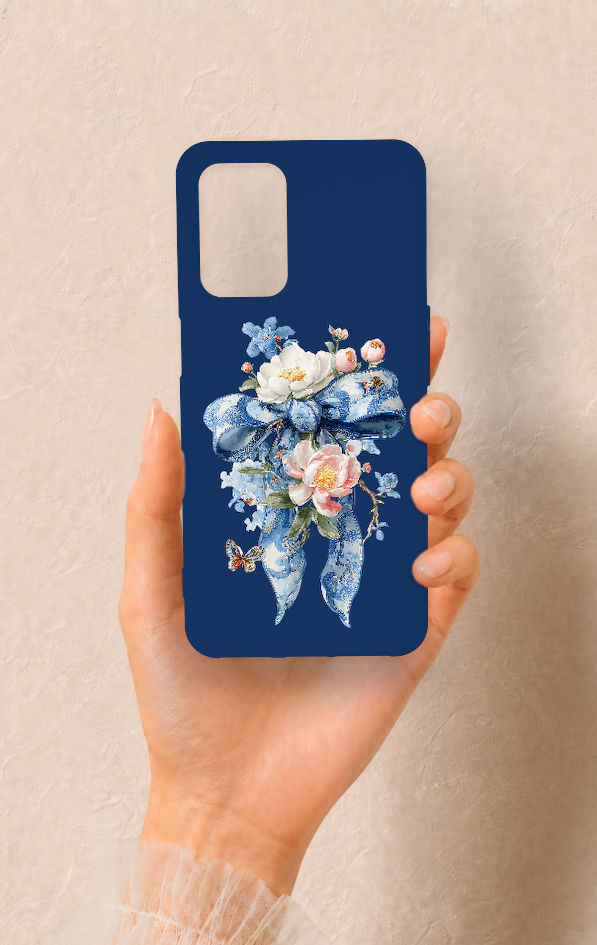 Oppo A54 Uyumlu Mavi Kurdeleli Çiçek Desenli Silikon Kılıf