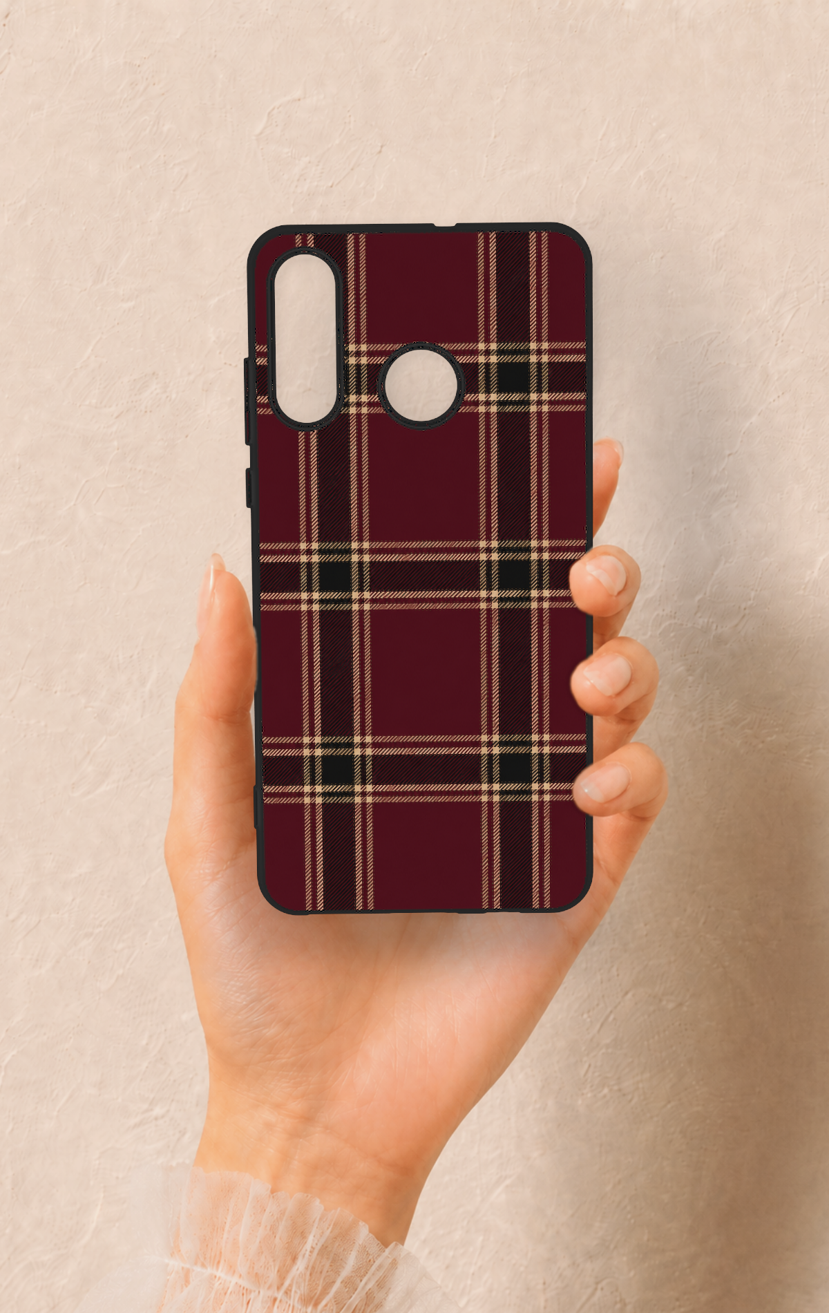 Huawei P30 Lite Uyumlu Bordo Siyah Ekose Desenli Silikon Kılıf