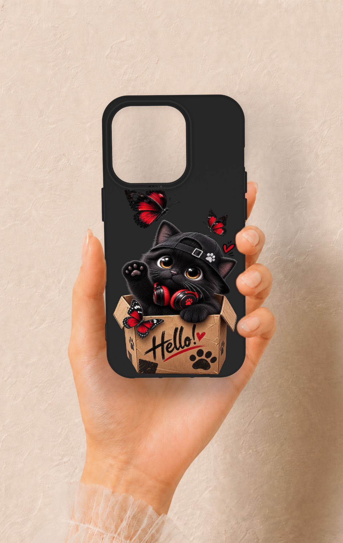 iPhone 14 Pro Uyumlu Hello Cat Desenli Silikon Kılıf