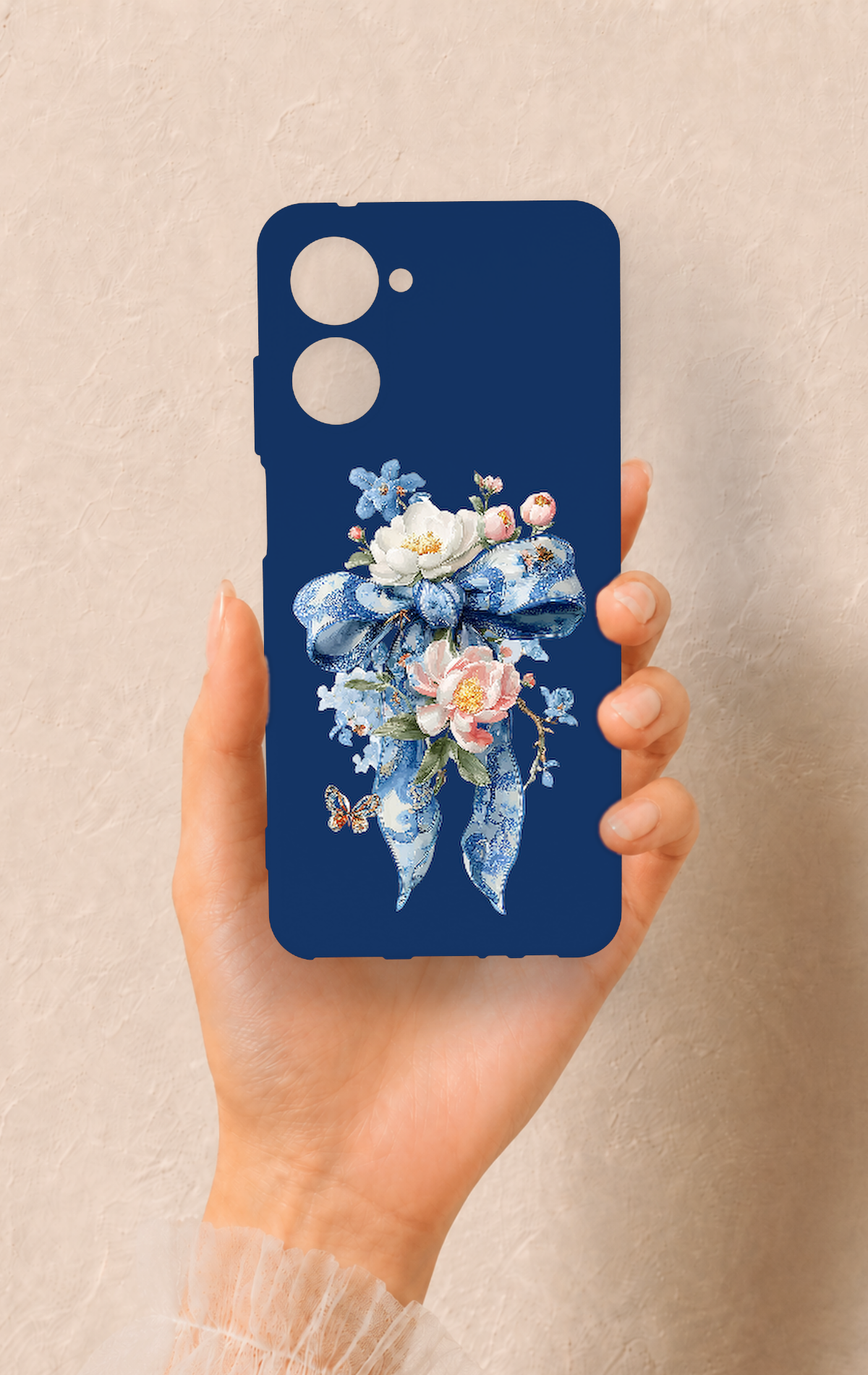 Realme 10 Uyumlu Mavi Kurdeleli Çiçek Desenli Silikon Kılıf