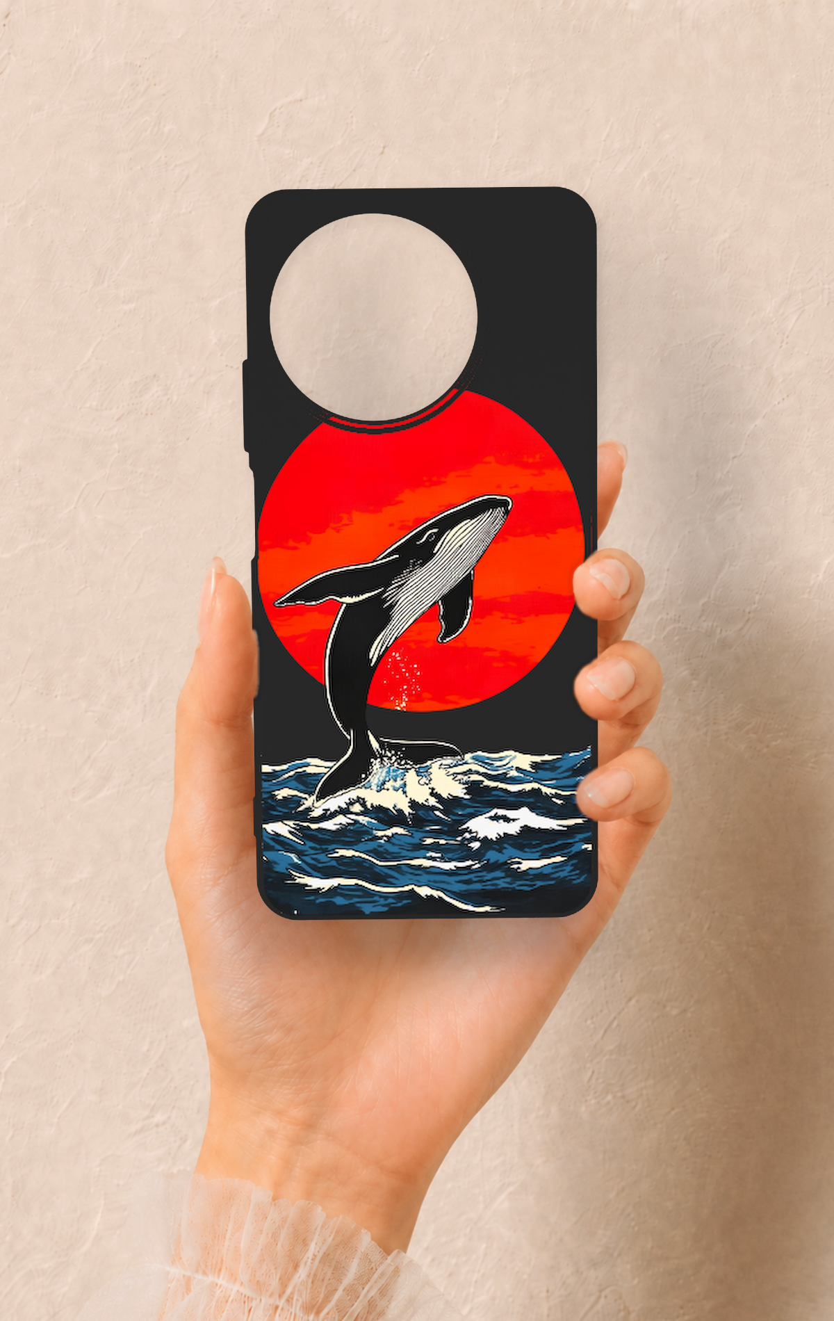 Realme 11 Uyumlu Kırmızı Güneş Balina Desenli Silikon Kılıf