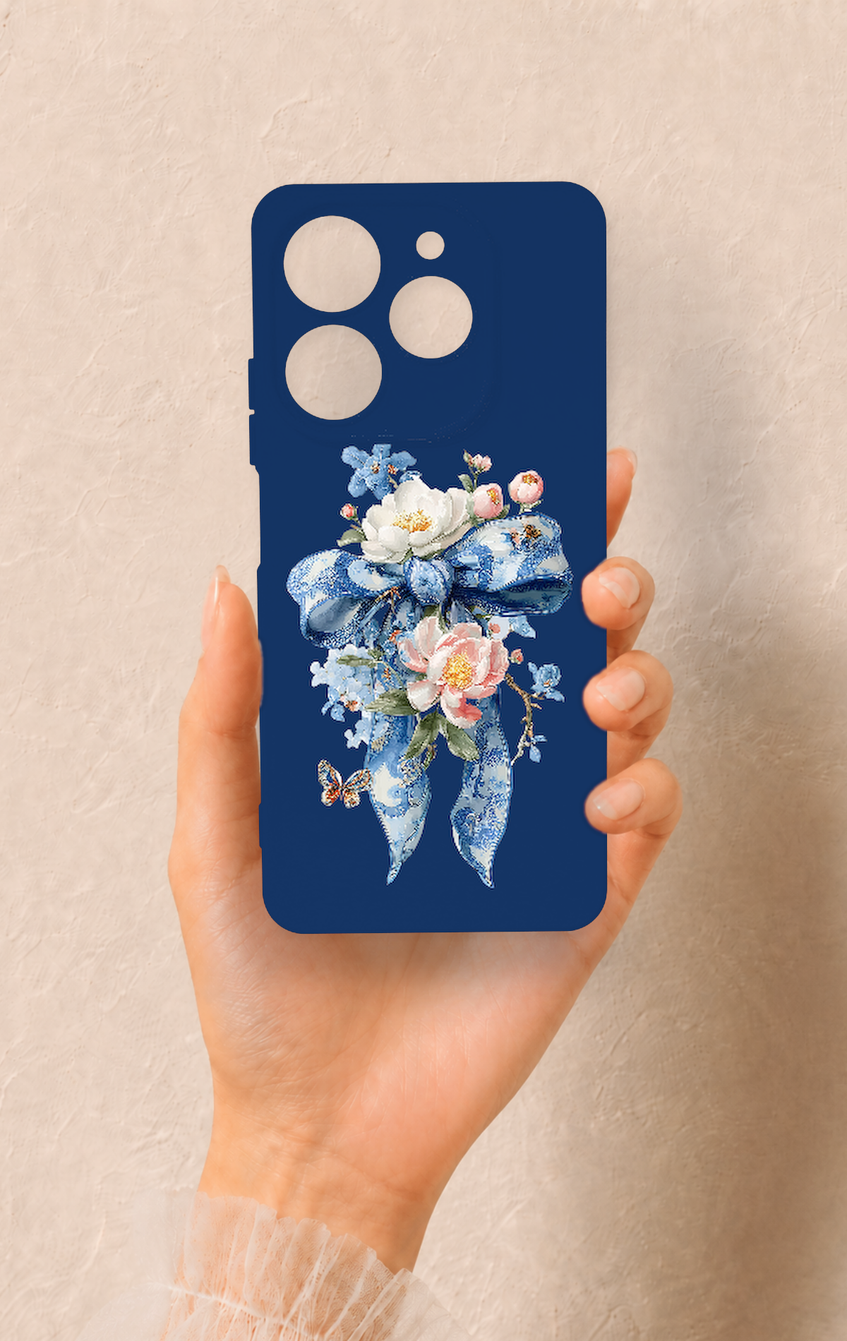 Tecno Spark 10 Pro Uyumlu Mavi Kurdeleli Çiçek Desenli Silikon Kılıf