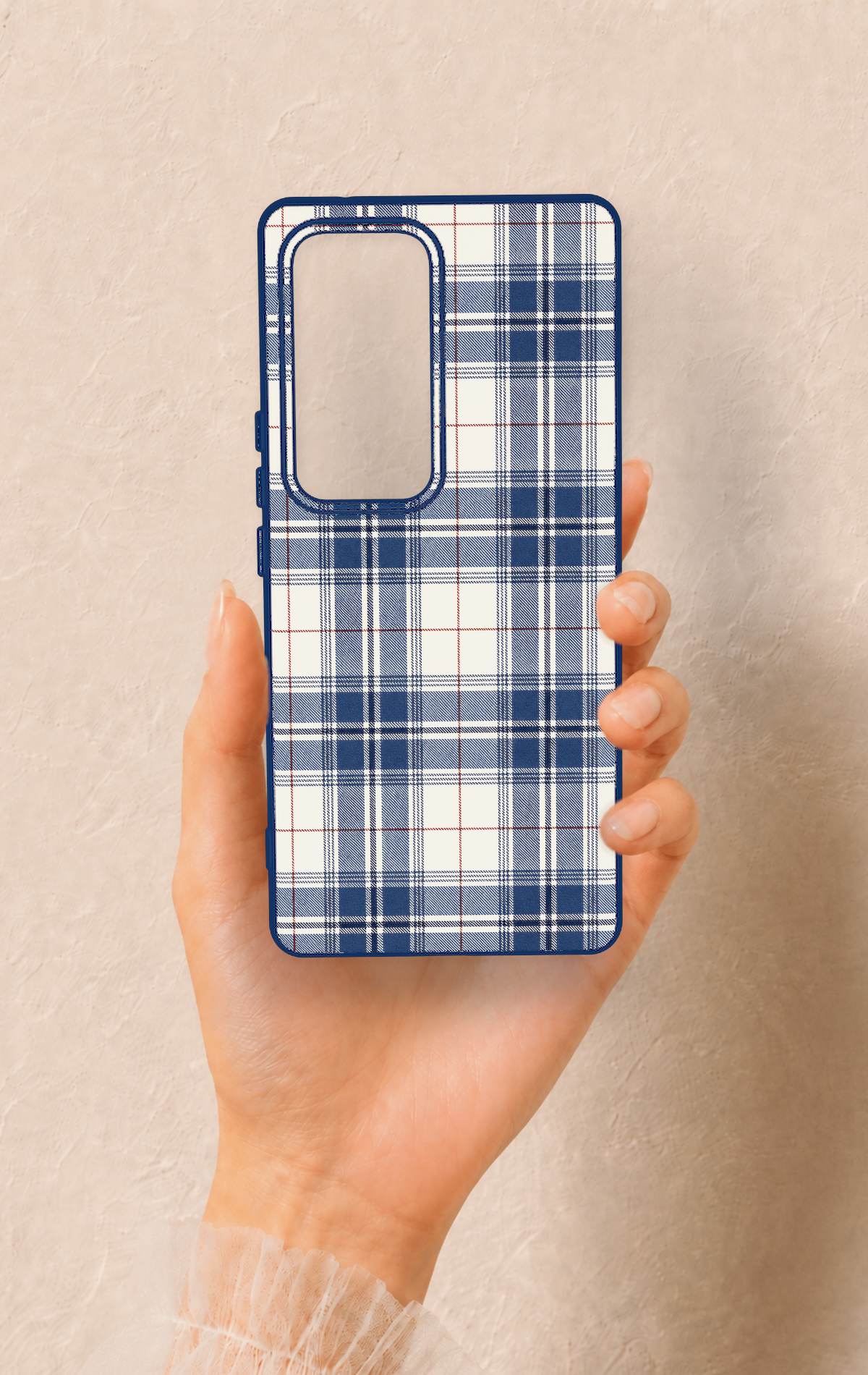 Vivo V30 Uyumlu Bej Lacivert Ekose Desenli Silikon Kılıf