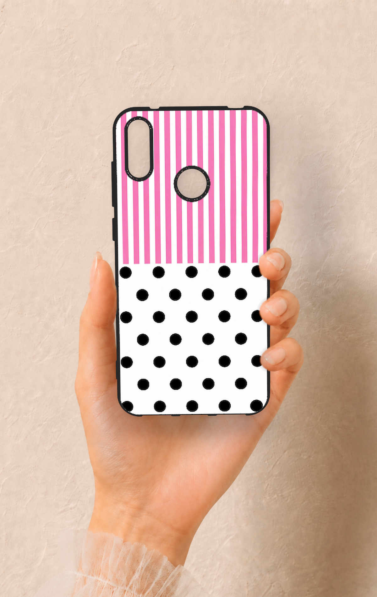 Huawei Y7 2019 Uyumlu Pembe Çizgili Puantiye Desenli Silikon Kılıf