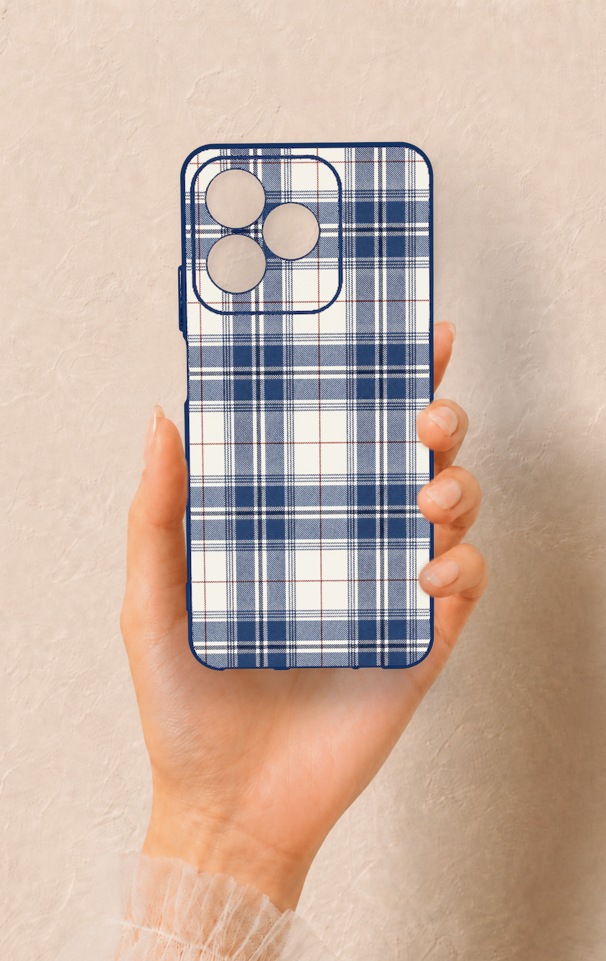 Realme C53 Uyumlu Bej Lacivert Ekose Desenli Silikon Kılıf