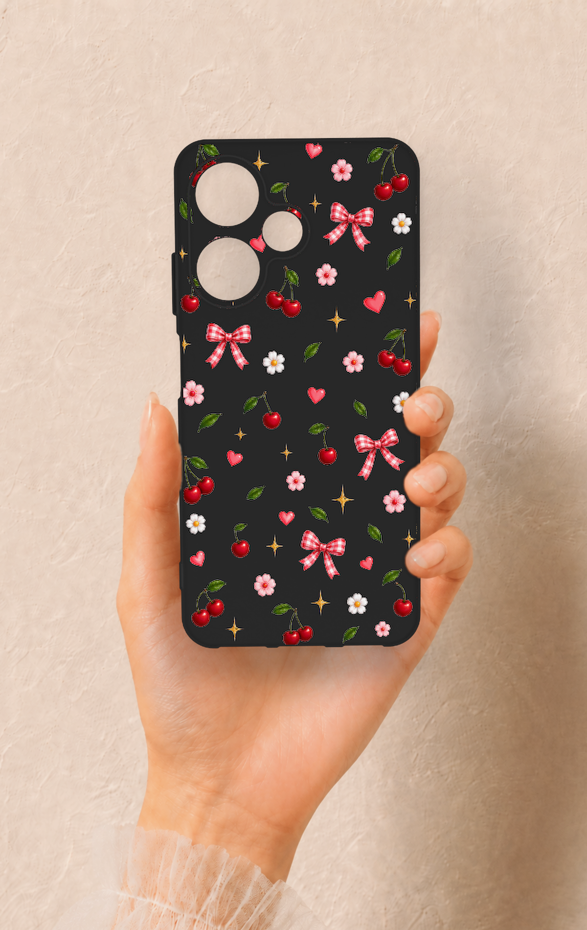 İnfinix Hot 30i Uyumlu Papatya Kiraz Fiyonk Desenli Silikon Kılıf