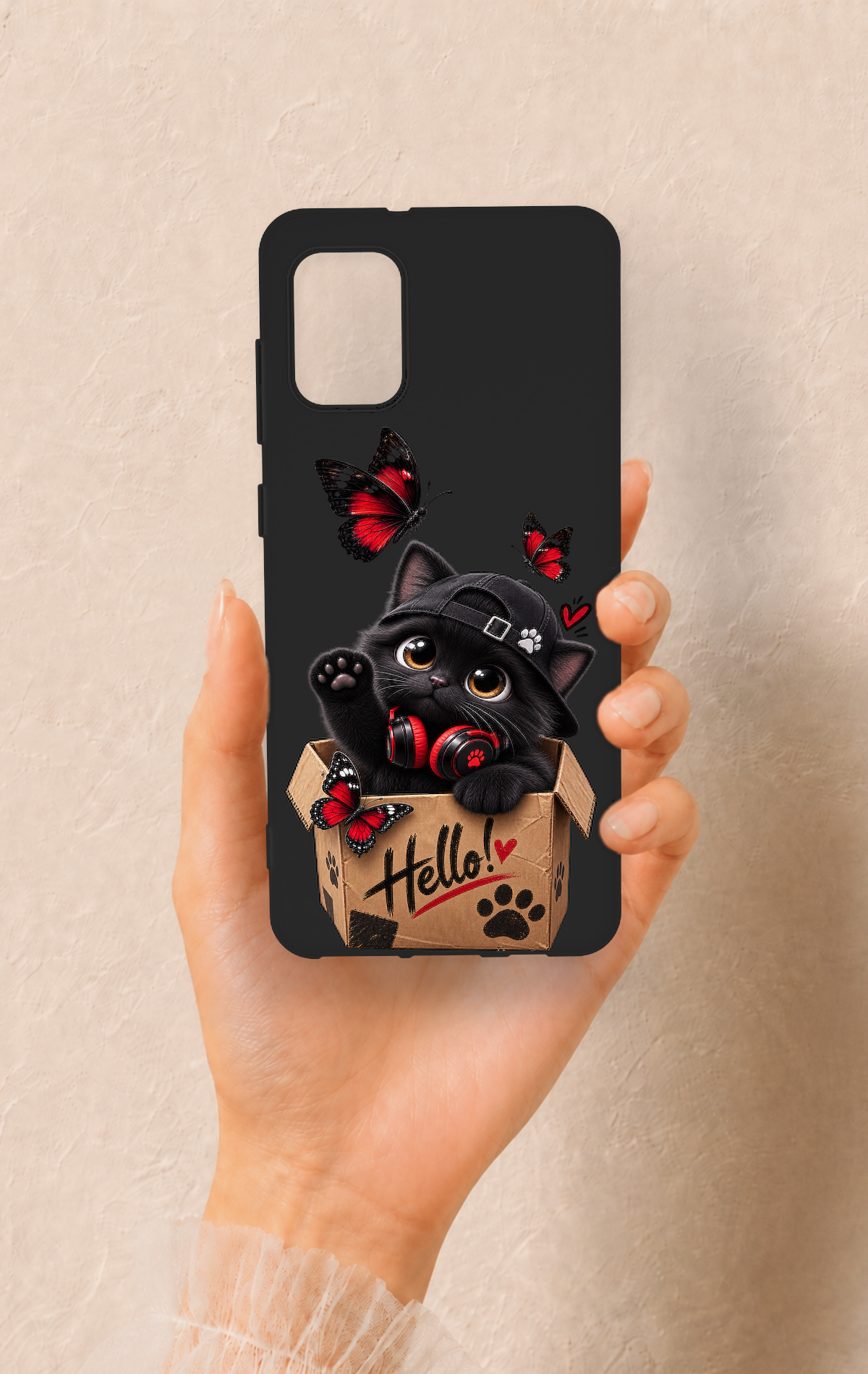 Samsung A31 Uyumlu Hello Cat Desenli Silikon Kılıf