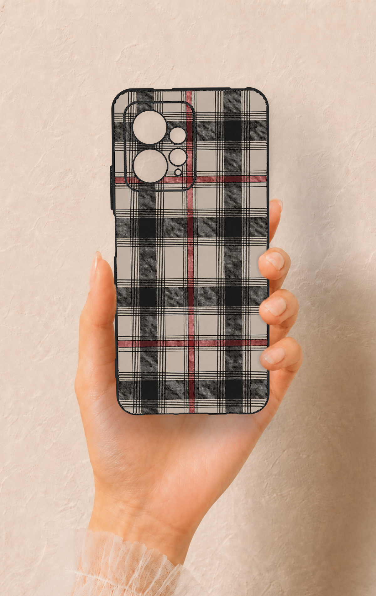 Redmi Note 12 4G Uyumlu Siyah Kırmızı Ekose Desenli Silikon Kılıf