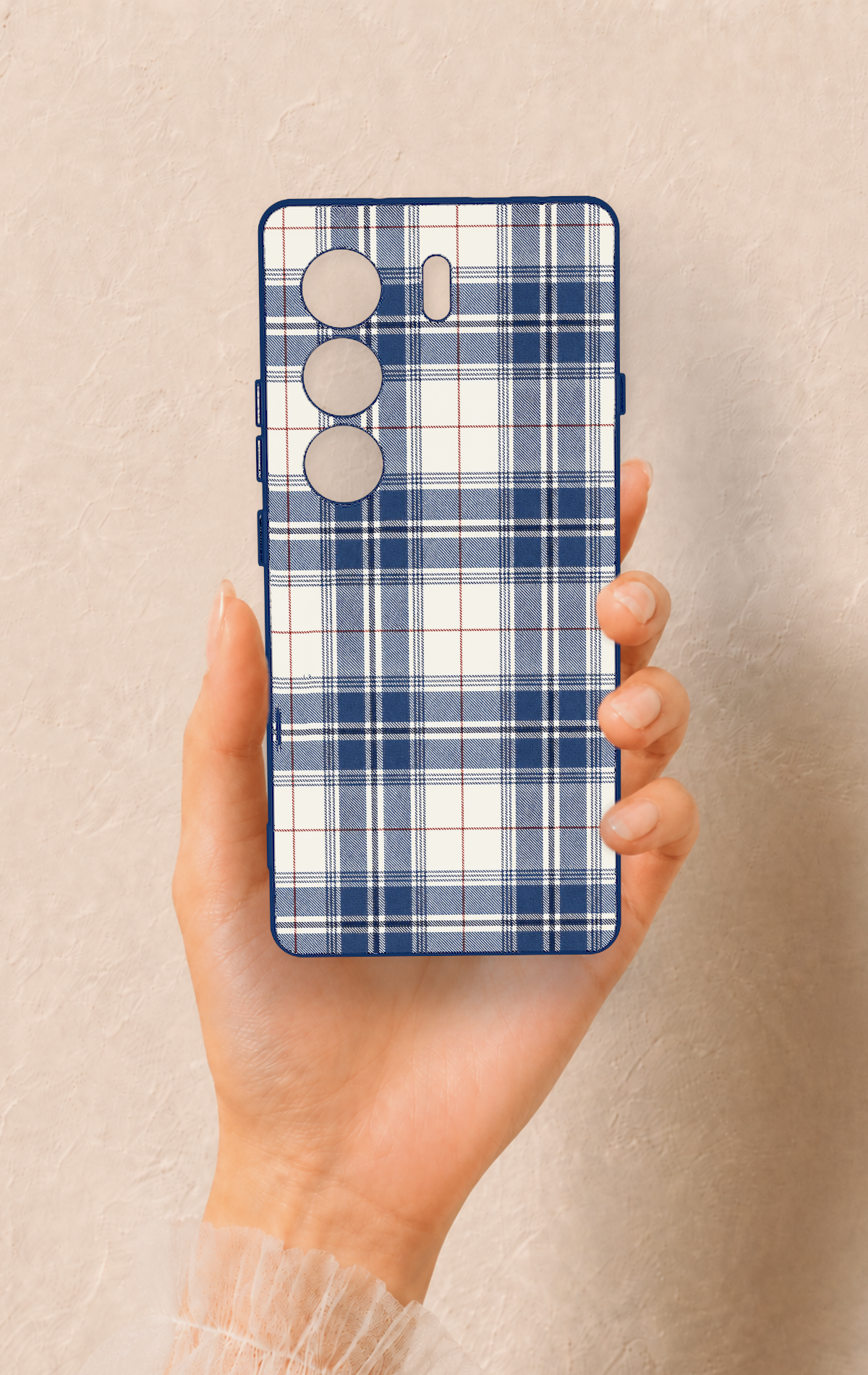 Tecno Camon 40 4G Uyumlu Bej Lacivert Ekose Desenli Silikon Kılıf